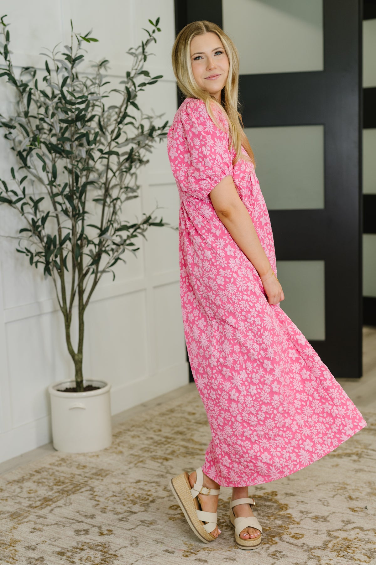 Softly Spoken Textured V-Neck Dress in Hot Pink - 8/12/2025 NEW