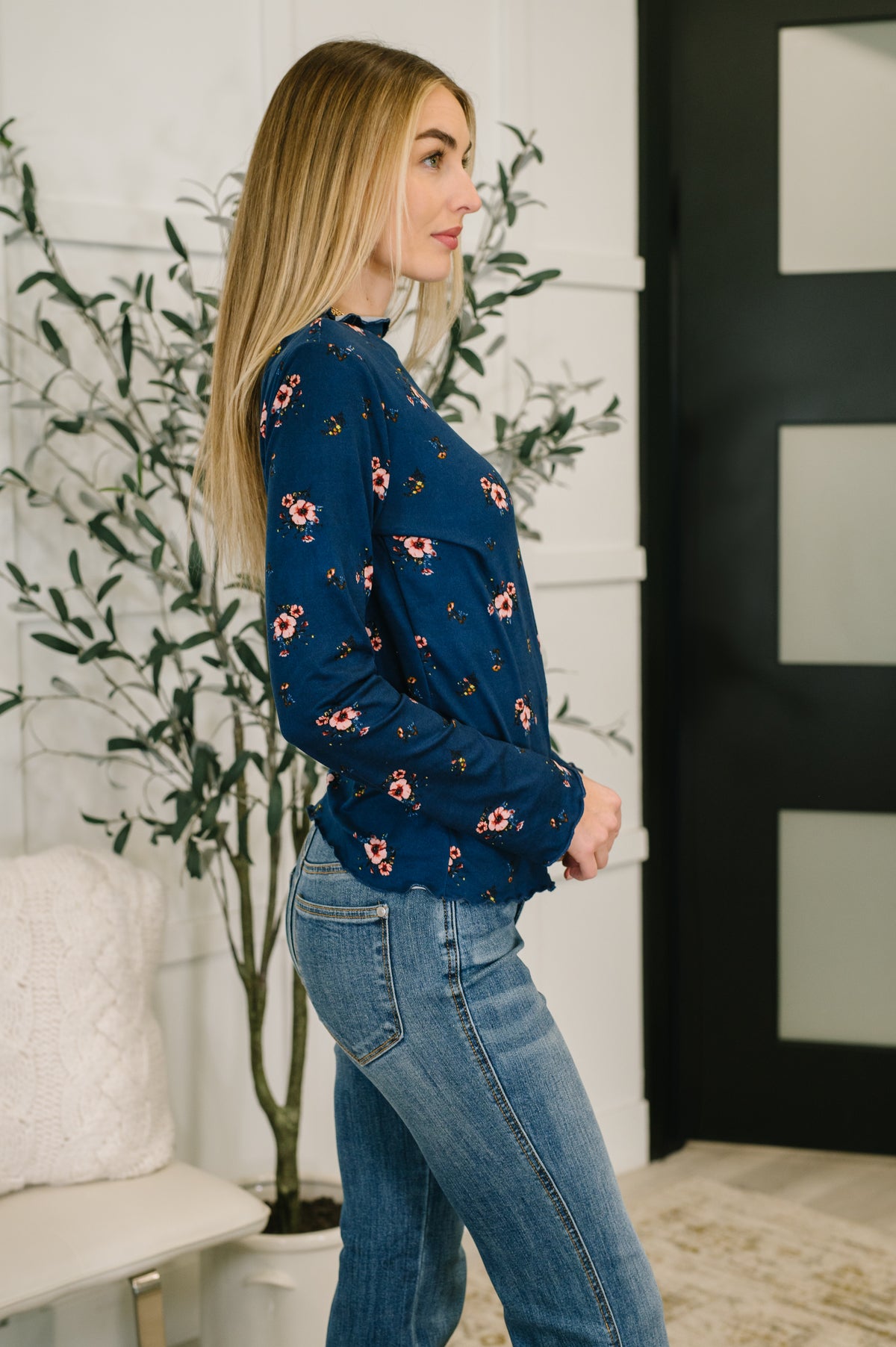 Something in the Air Lettuce Hem Longsleeve Top in Navy - 12/9/2025