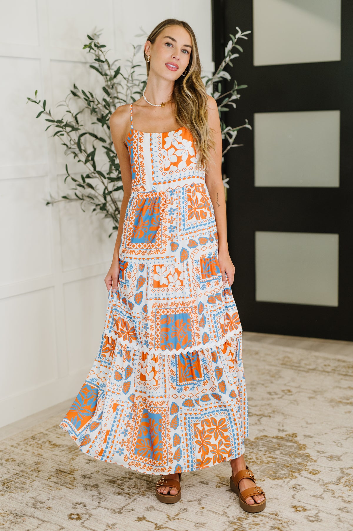 PREORDER: Square Neck Contrast Detail Dress in Orange - Ships in 2-3 weeks