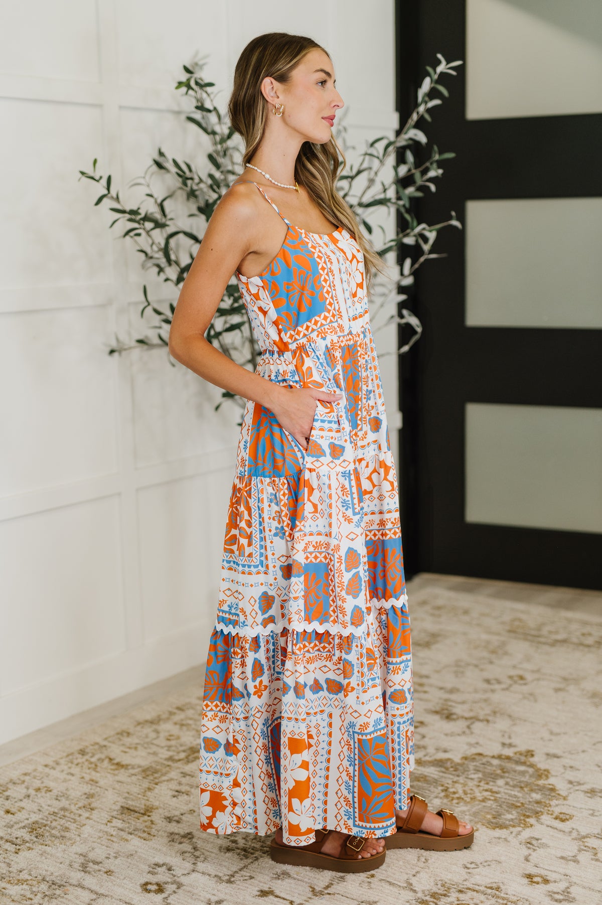 PREORDER: Square Neck Contrast Detail Dress in Orange - Ships in 2-3 weeks