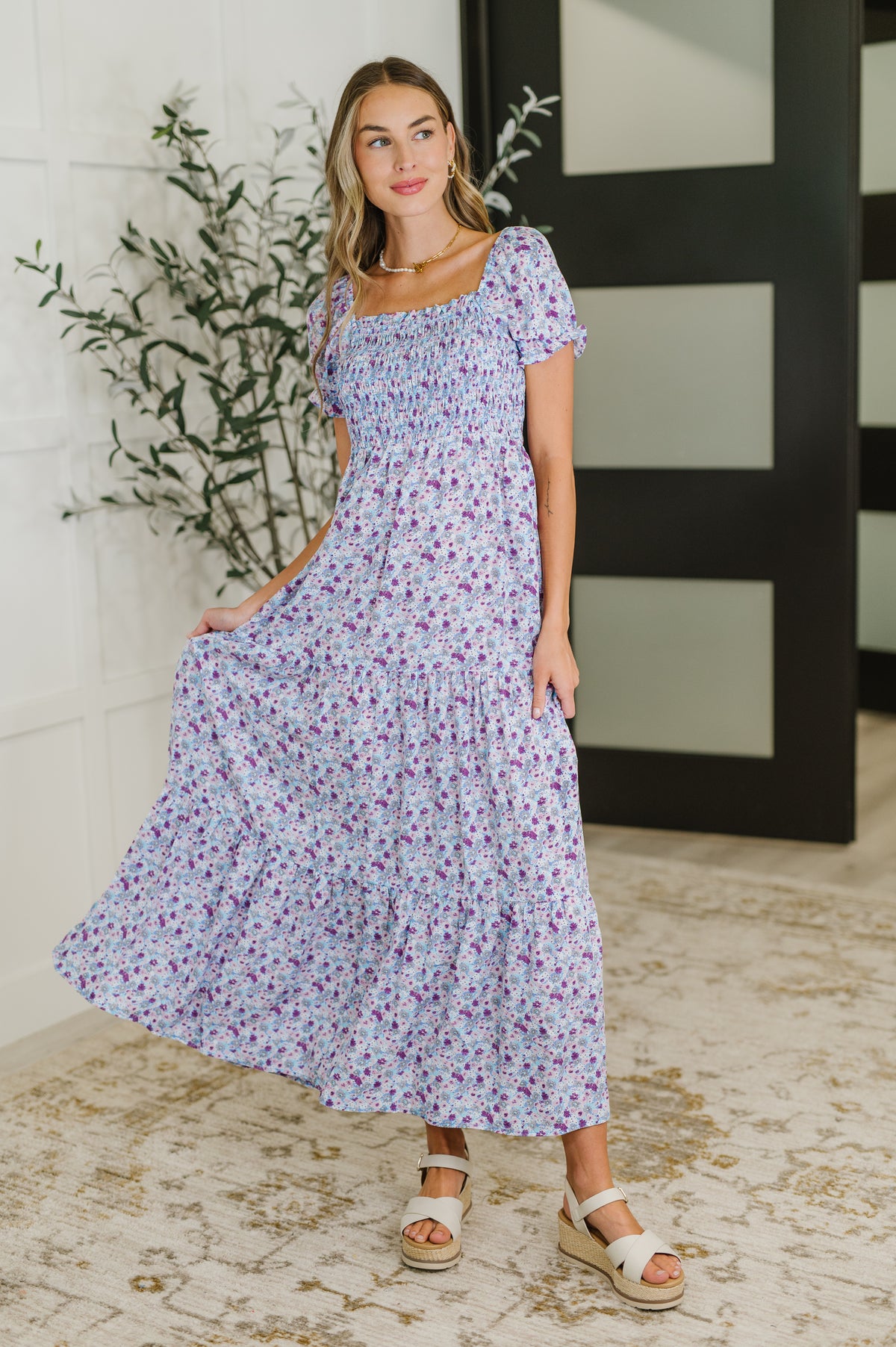 PREORDER: Square Neck Dress in Purple Floral - Ships in 2-3 weeks