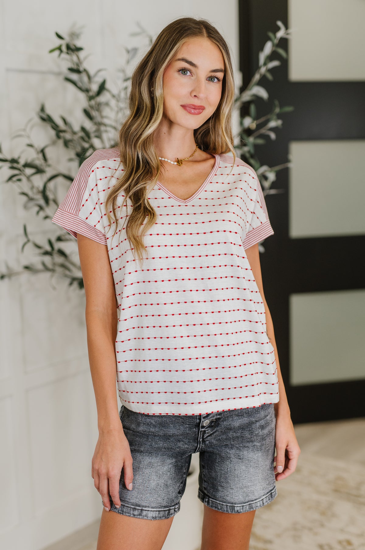 Stitched with Love V-Neck Top in Ivory and Red - 6/24/2025 NEW