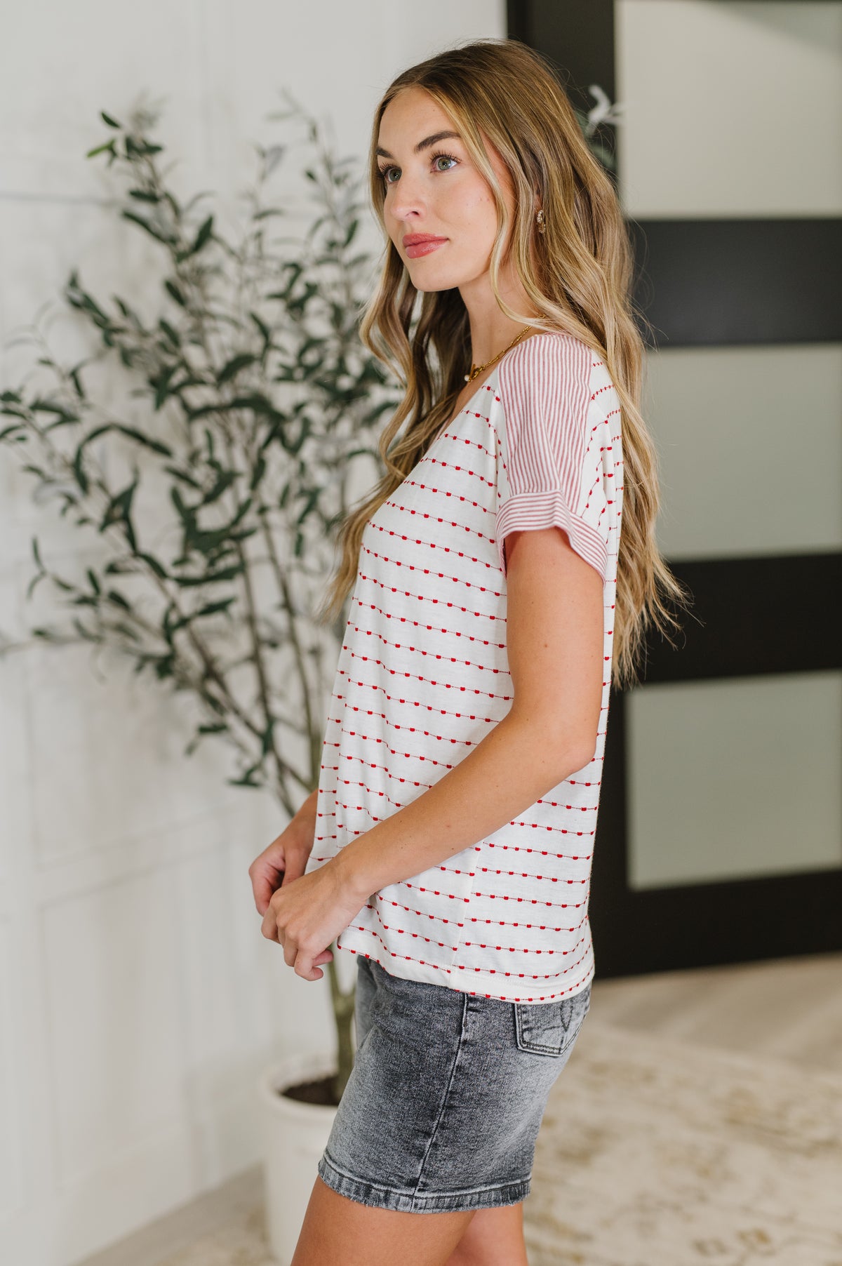Stitched with Love V-Neck Top in Ivory and Red - 6/24/2025 NEW