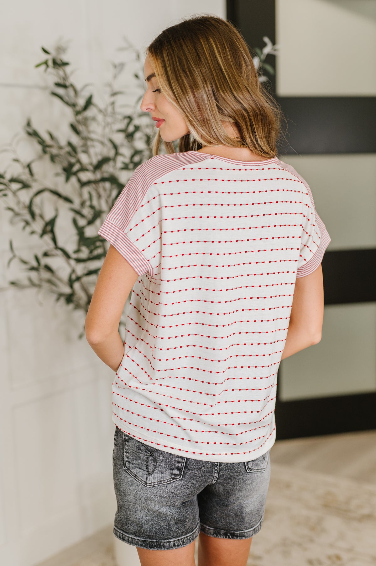 Stitched with Love V-Neck Top in Ivory and Red - 6/24/2025 NEW