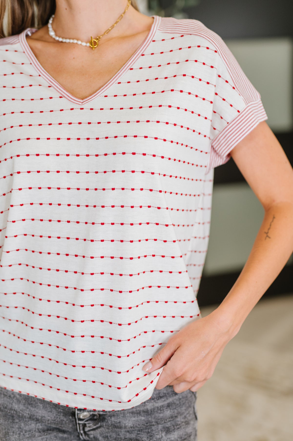 Stitched with Love V-Neck Top in Ivory and Red - 6/24/2025 NEW