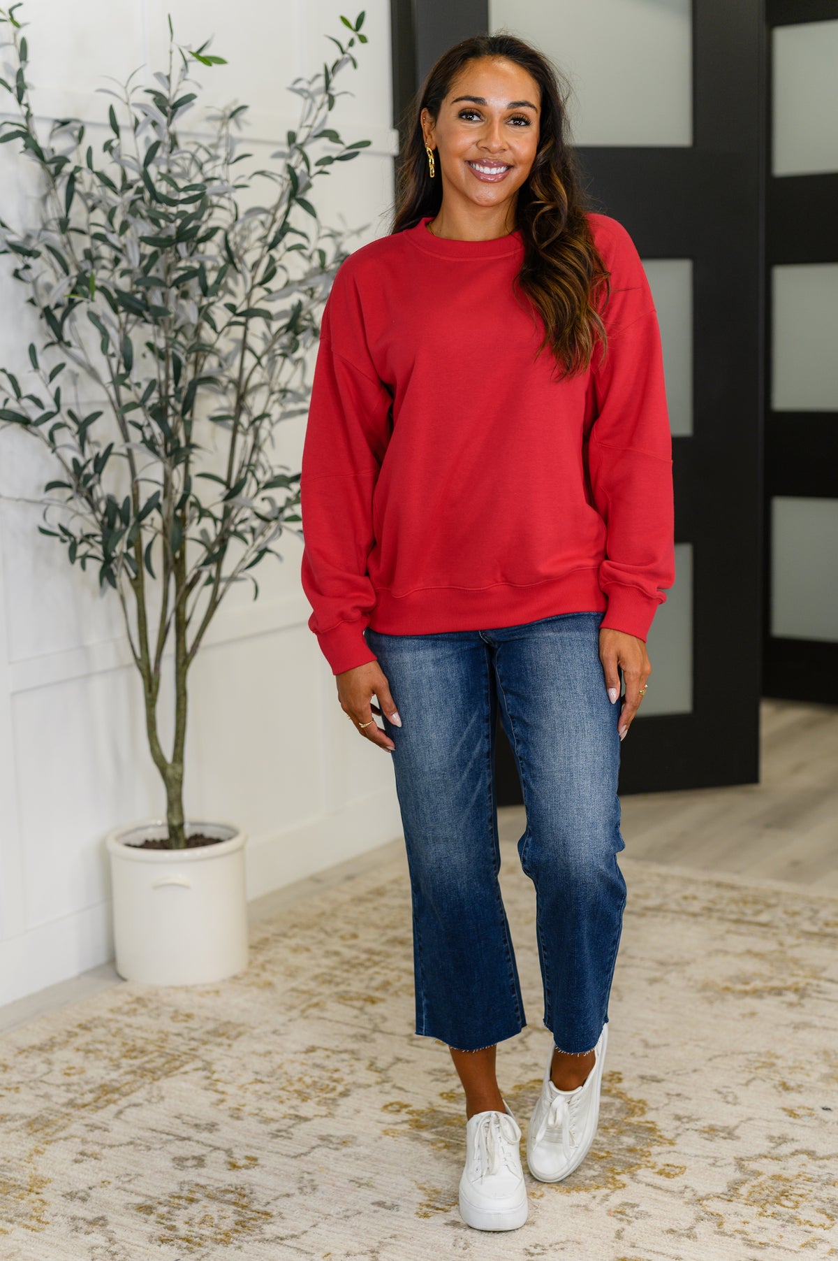 Sweet with a Side Eye Drop Shoulder Pullover in True Red - 8/8/2025 NEW