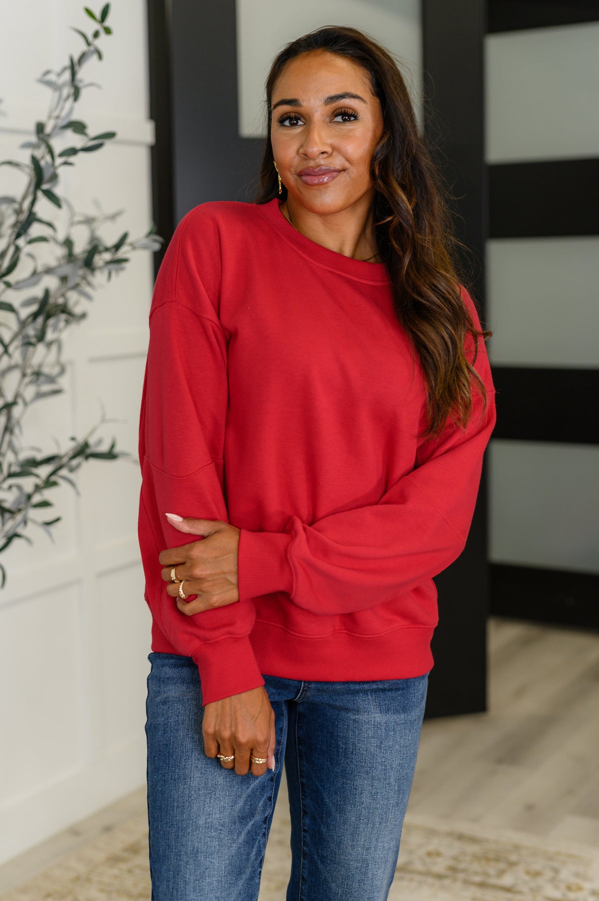 Sweet with a Side Eye Drop Shoulder Pullover in True Red - 8/8/2025 NEW