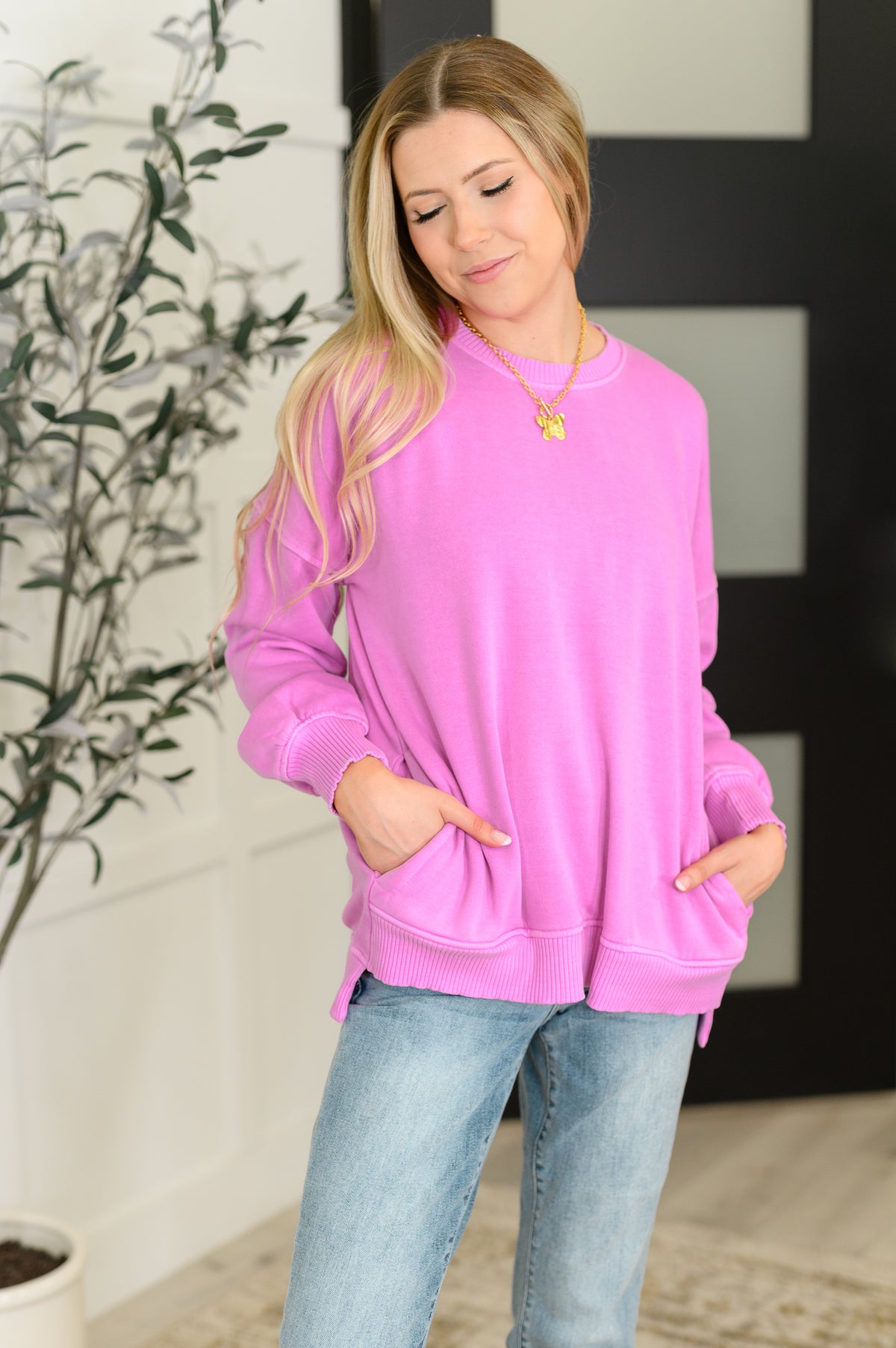 Talk Cozy to Me Stepped Hem Pullover in Bright Mauve - 8/27/2025