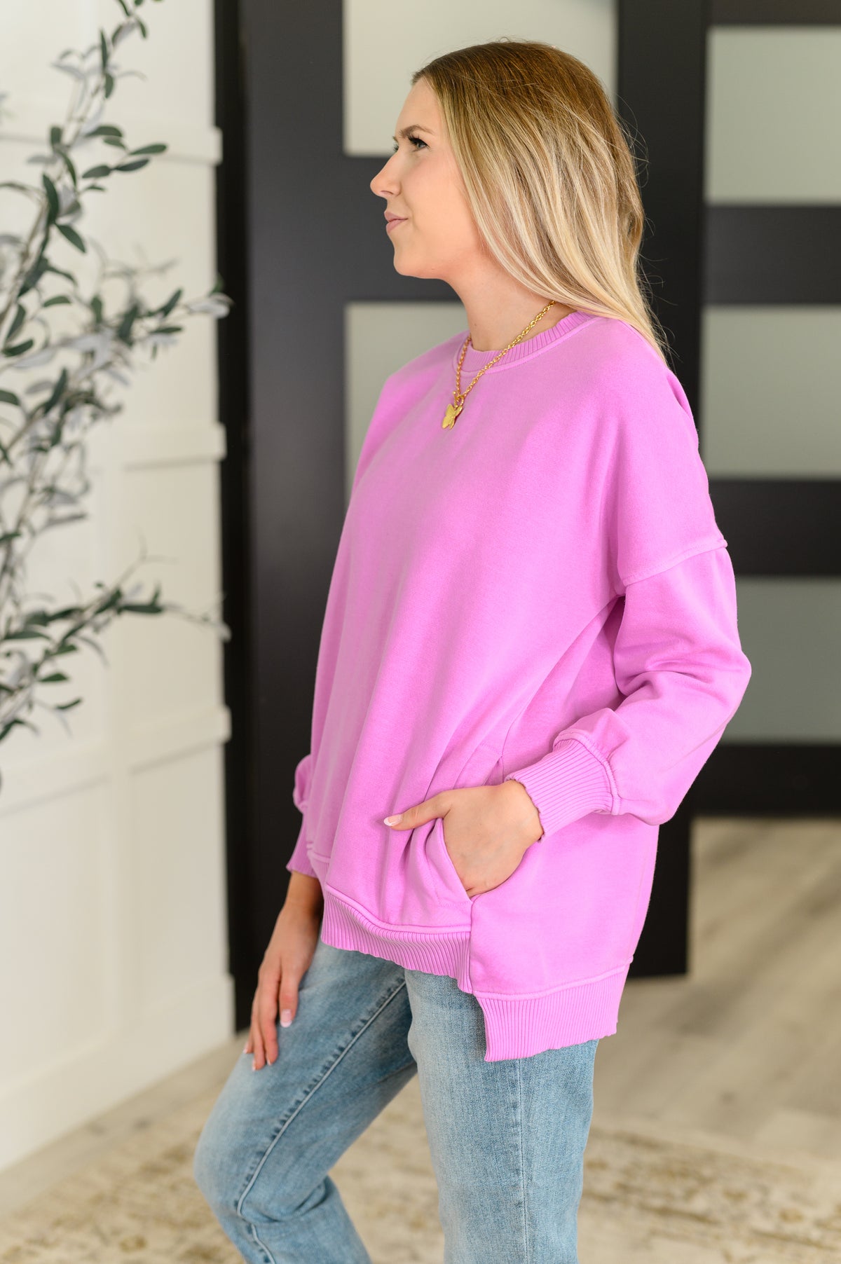 Talk Cozy to Me Stepped Hem Pullover in Bright Mauve - 8/27/2025