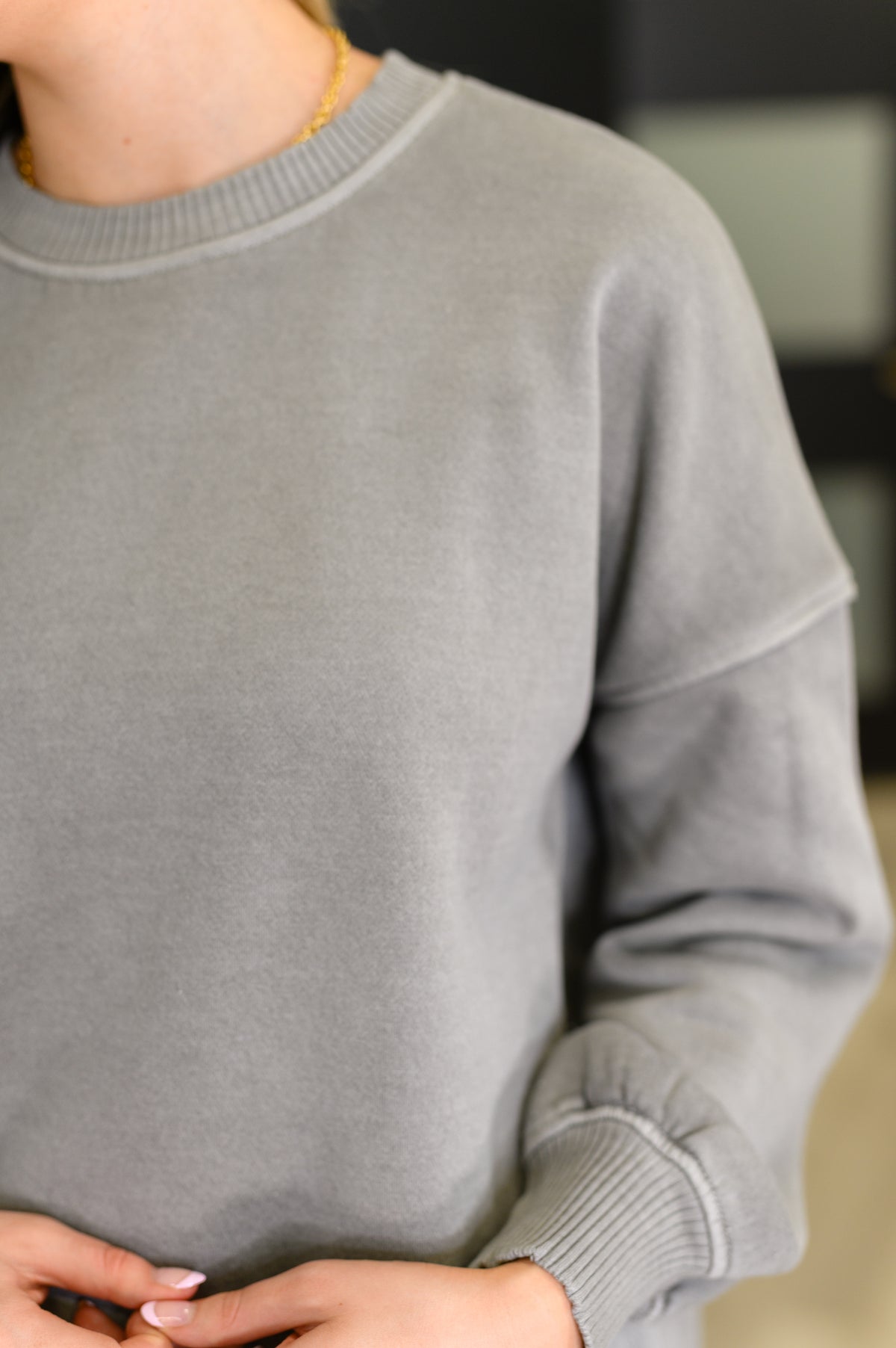 Talk Cozy to Me Stepped Hem Pullover in  Sleet - 8/27/2025