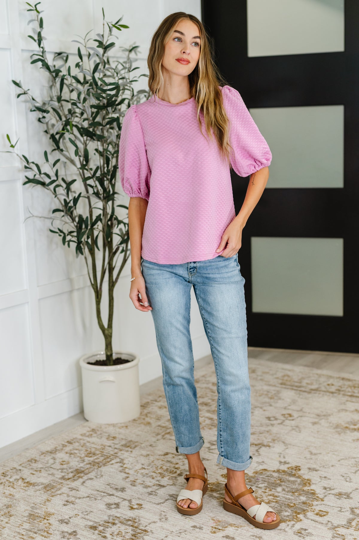 Textured Balloon Sleeve Blouse in Pink - 8/19/2025