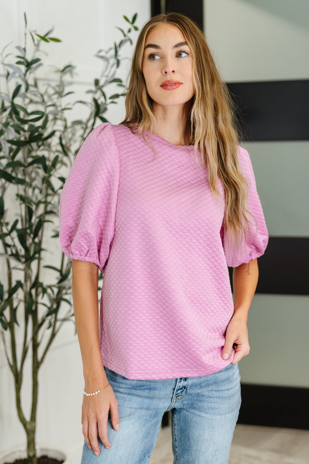 Textured Balloon Sleeve Blouse in Pink - 8/19/2025