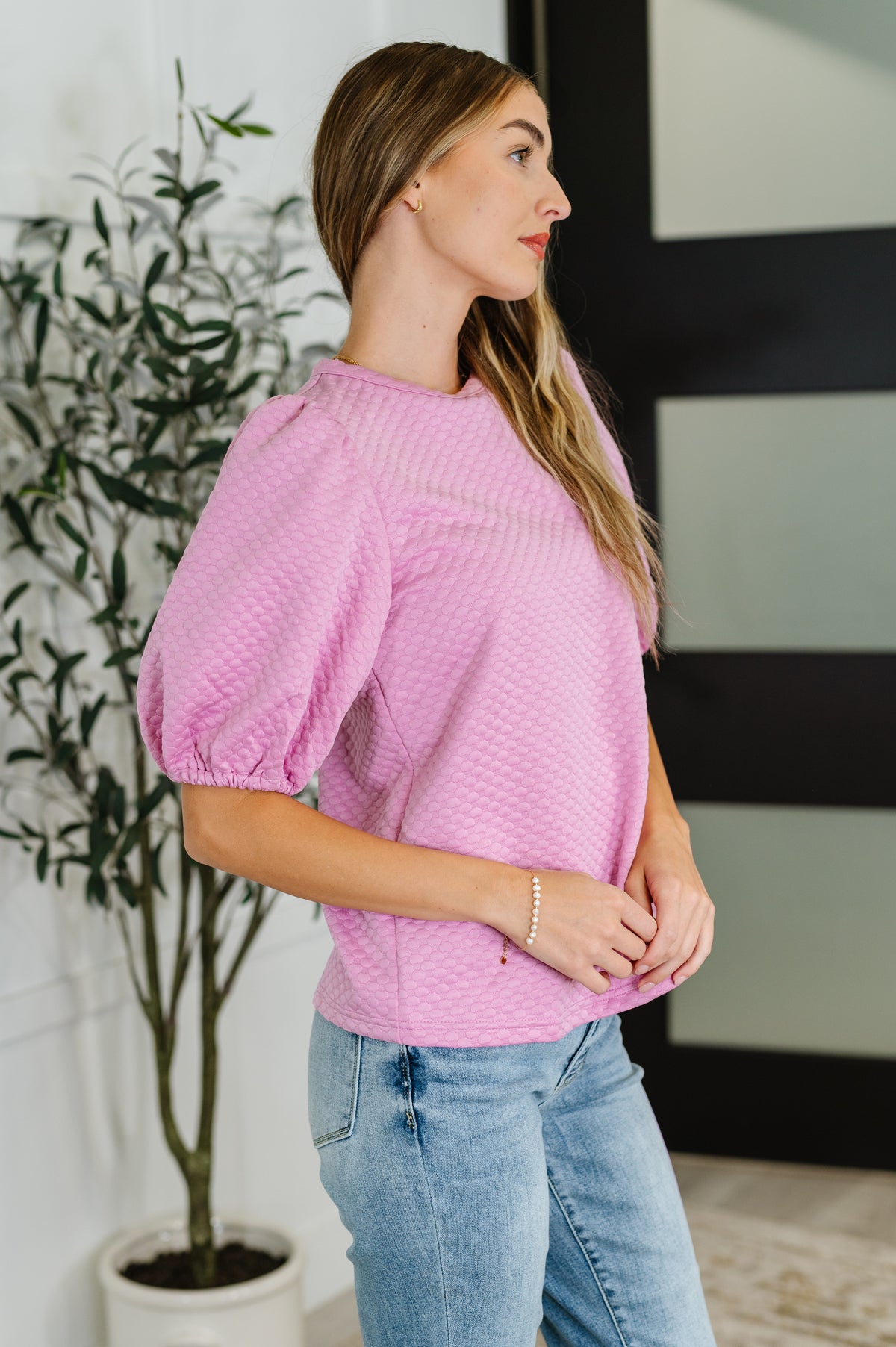 Textured Balloon Sleeve Blouse in Pink - 8/19/2025
