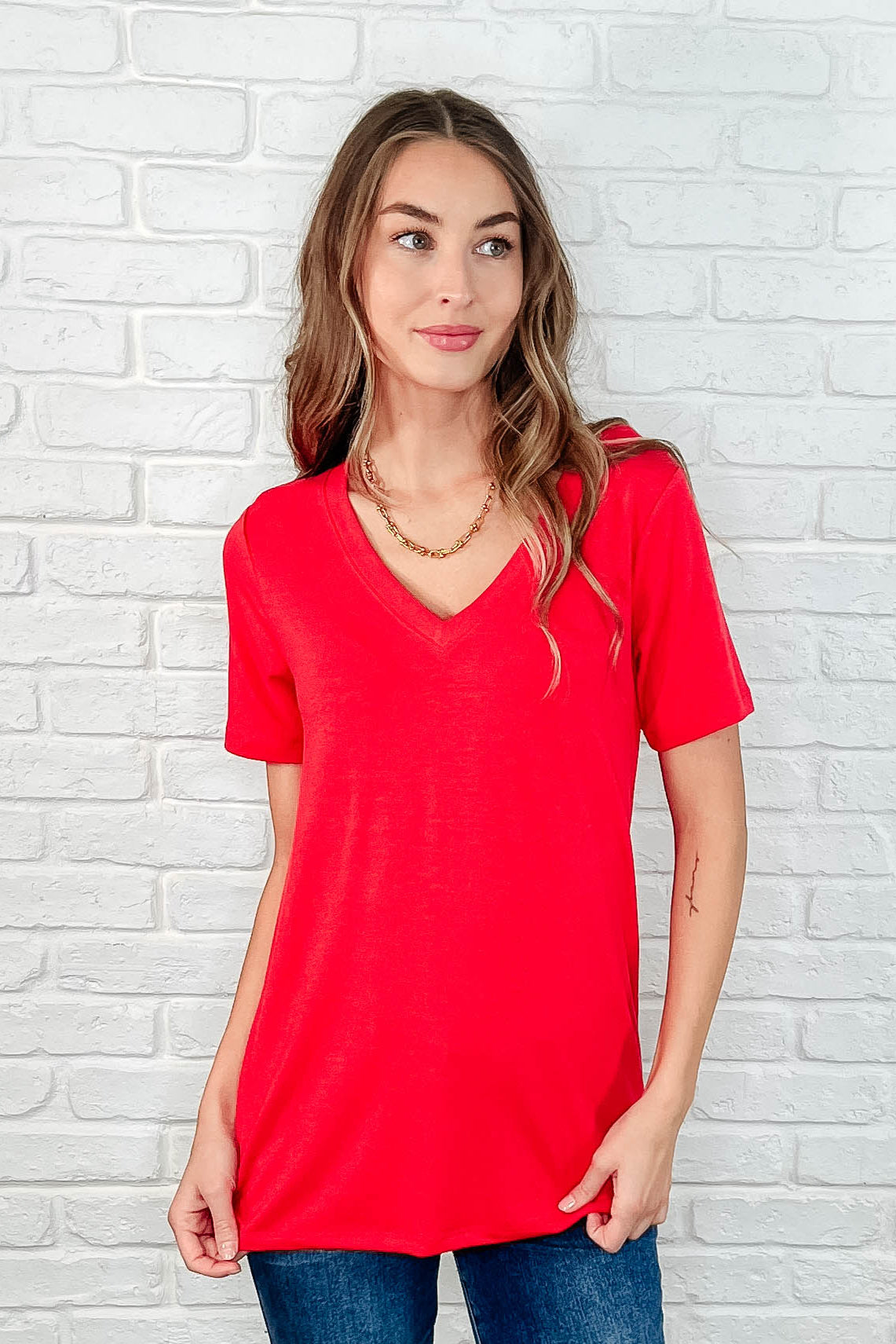 The Every Outfit Basic V-Neck Top in  Ruby - 3/26/2025