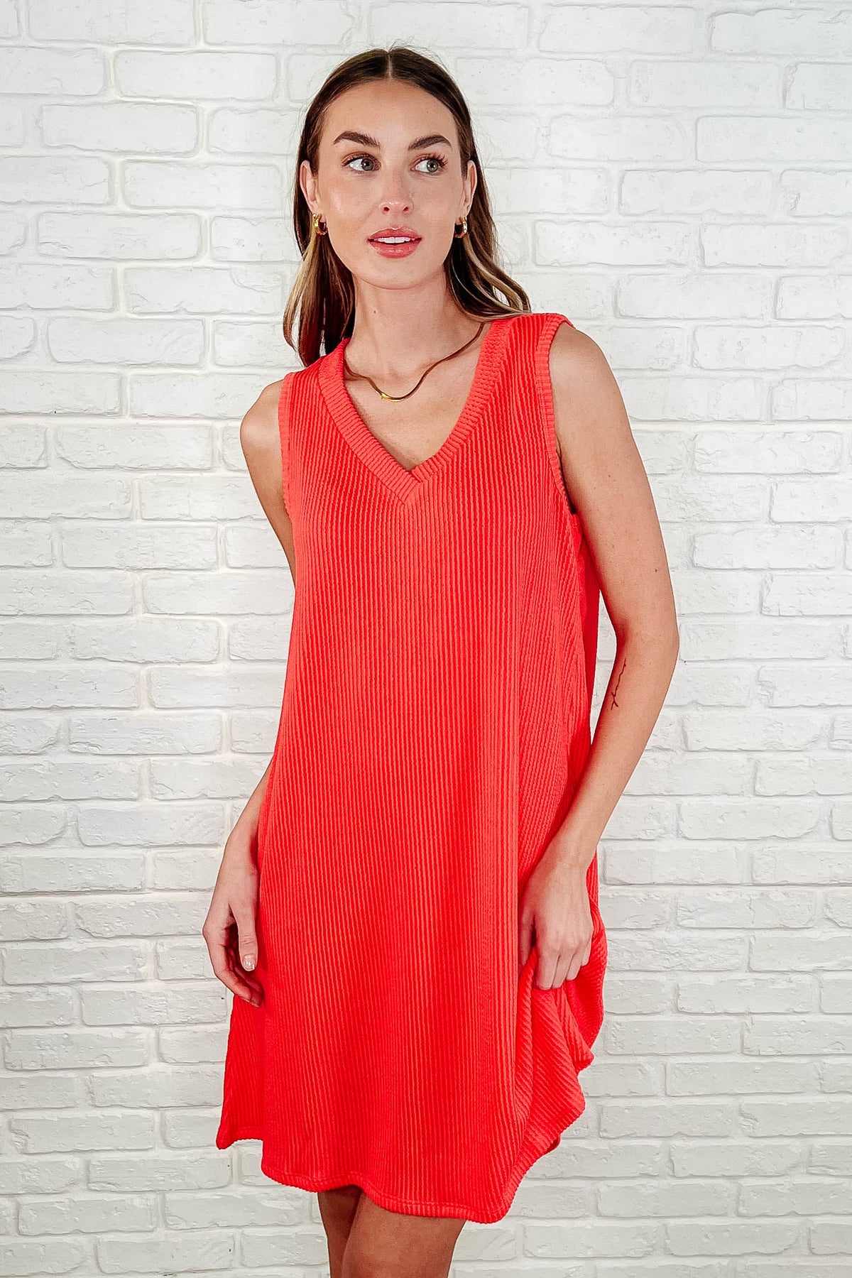 The Power I Hold V-Neck Ribbed Knit Dress in Summer Coral - 3/14/2025