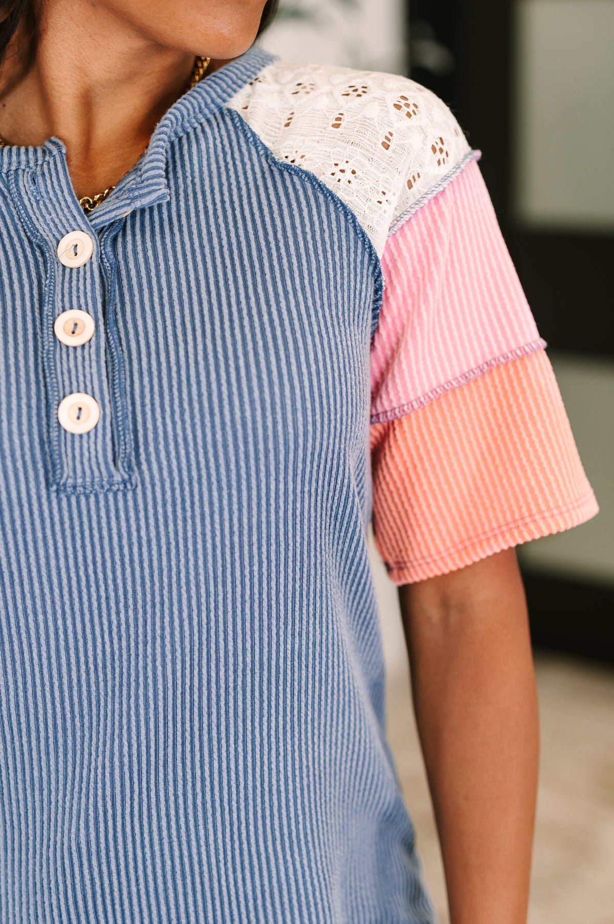 Threaded in Time Contrast Color Block Top - 6/24/2025