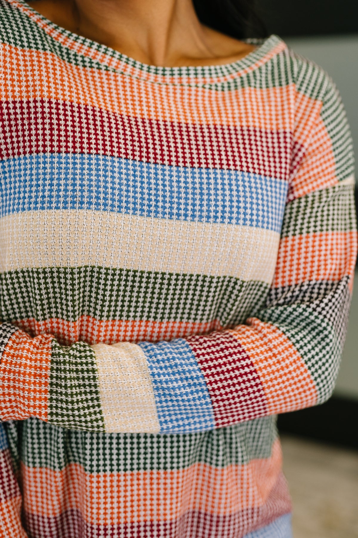 To Be Determined Drop Shoulder Top in Rust, Olive and Blue - 10/14/2025