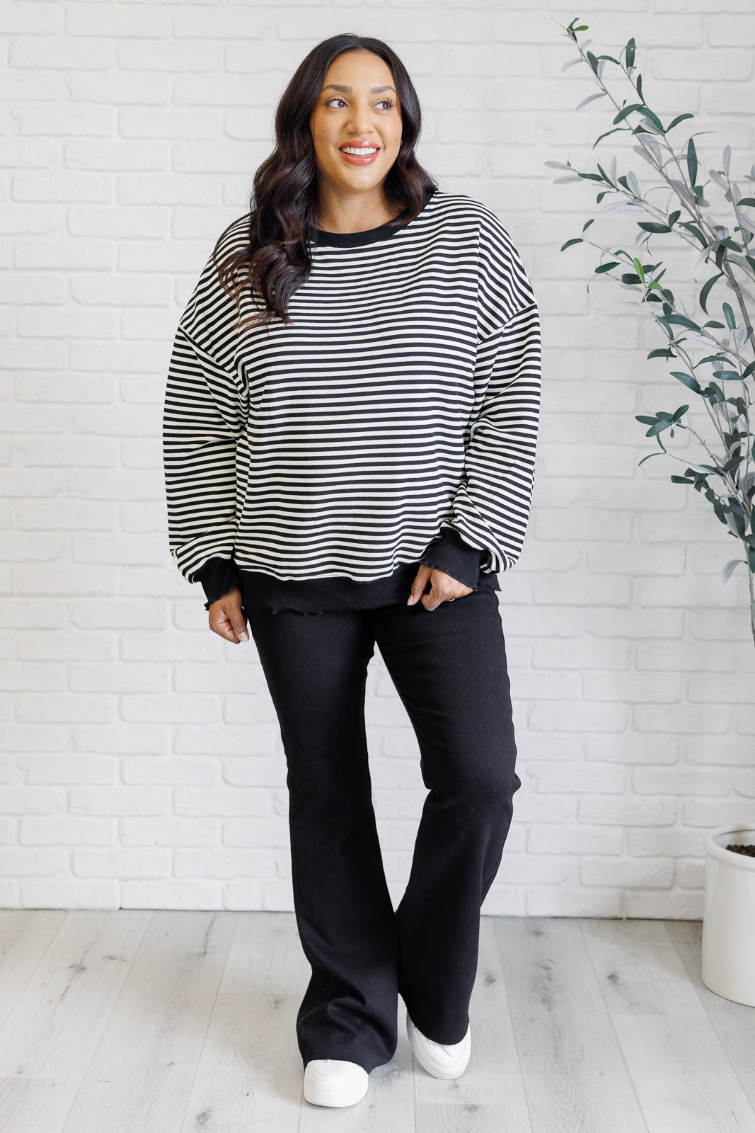 Too Good to Be True Striped Drop Shoulder Top in Black - 11/29/2024