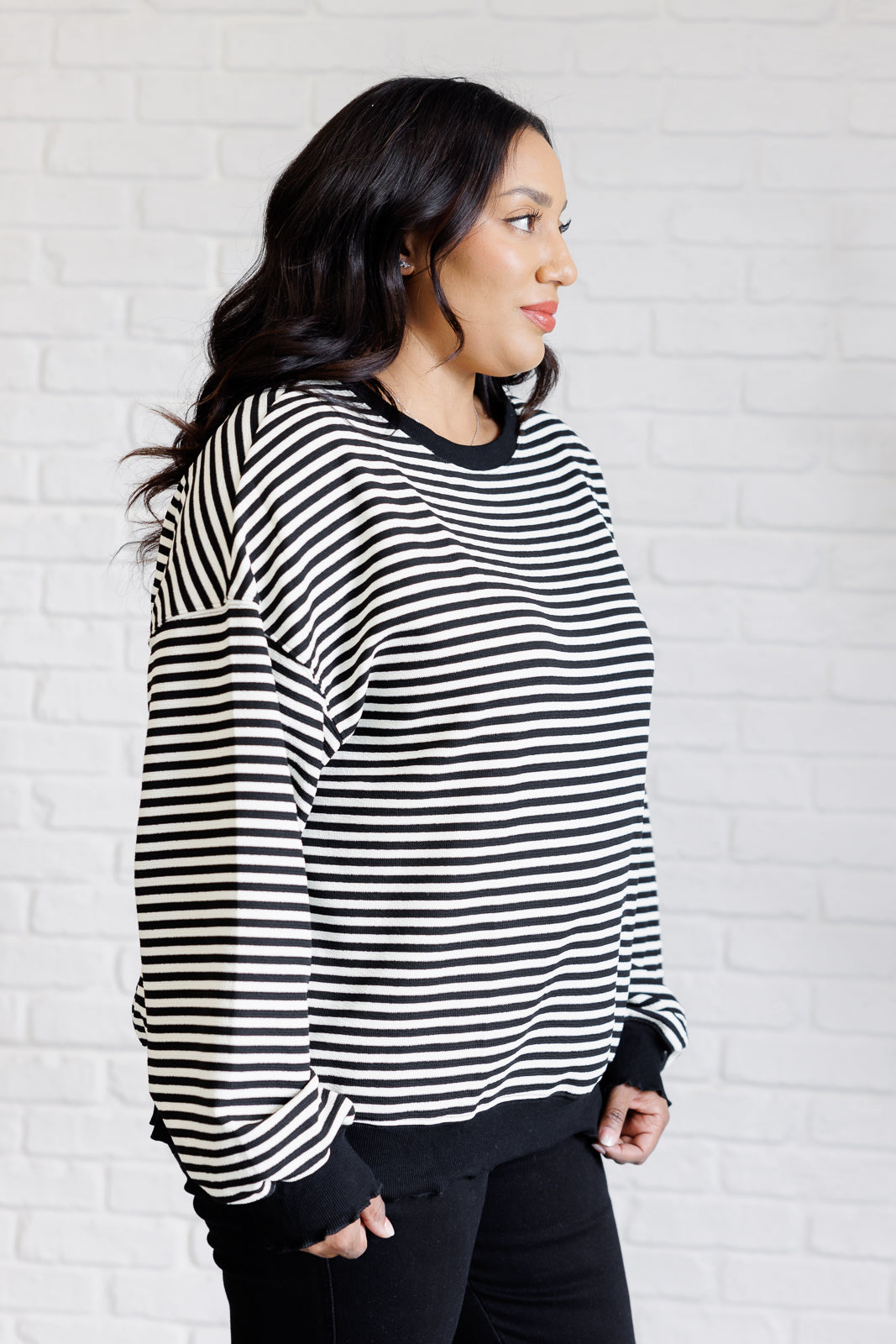 Too Good to Be True Striped Drop Shoulder Top in Black - 11/29/2024