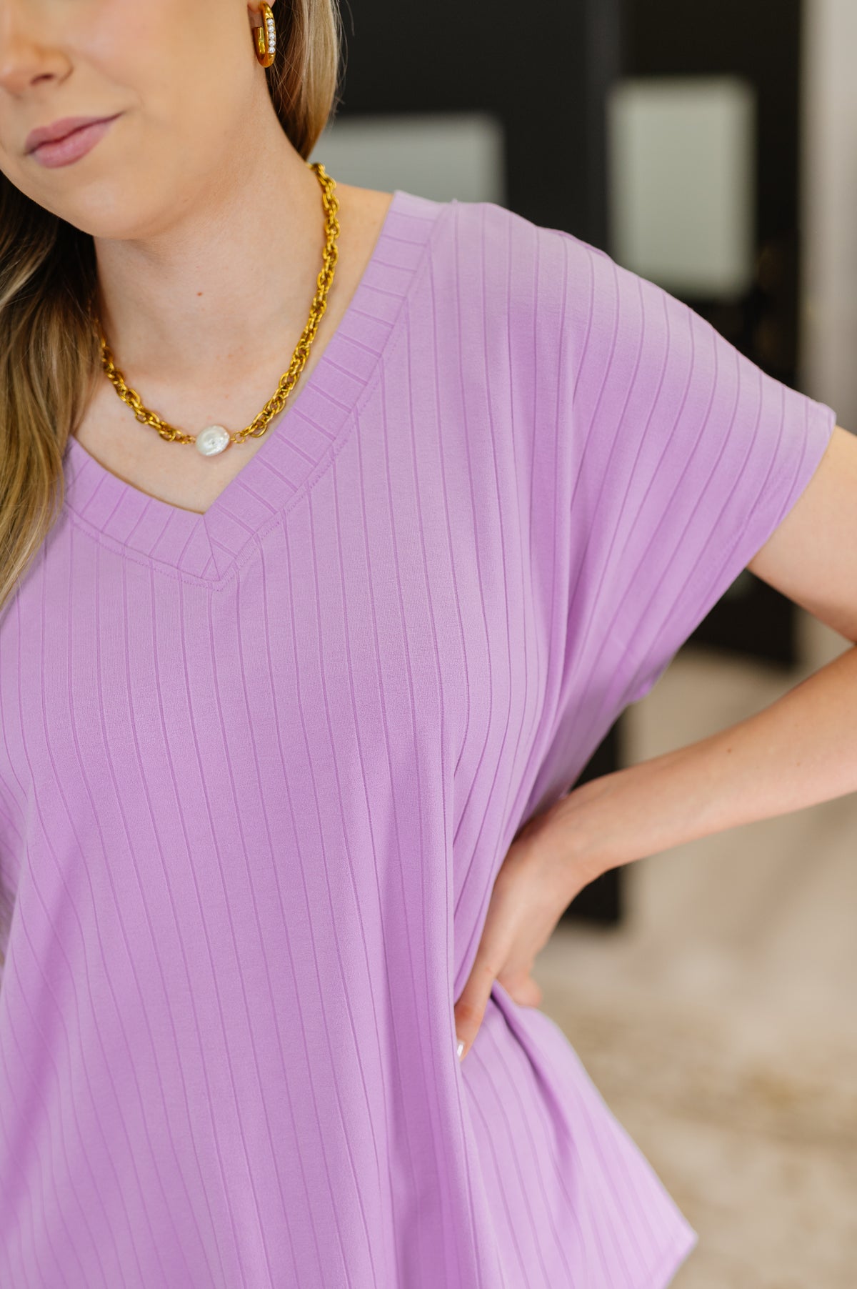 Top Shelf Basic V-Neck Ribbed Tee in Lavender - 6/17/2025 NEW