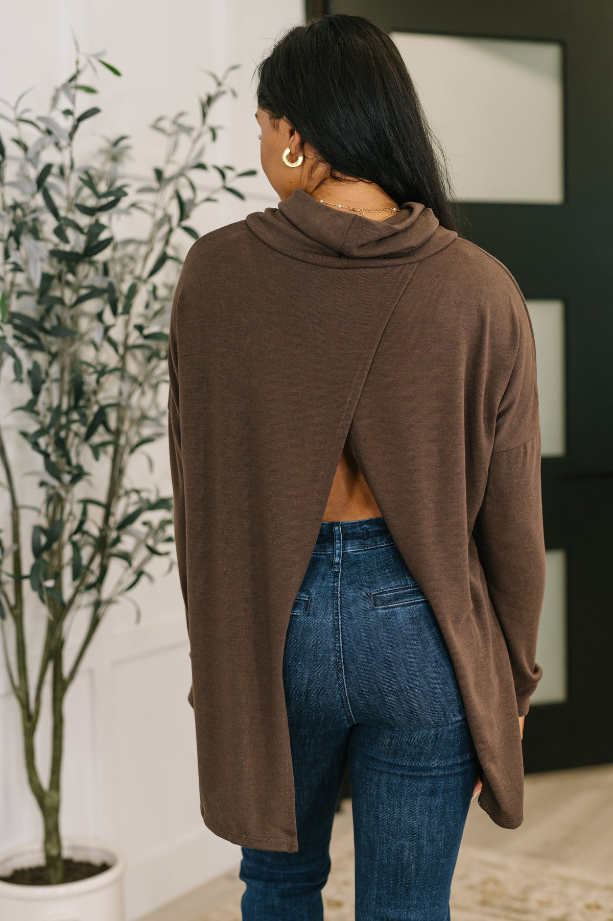 Travel Destination Cowl Neck Pullover in Chocolate - 10/24/2025