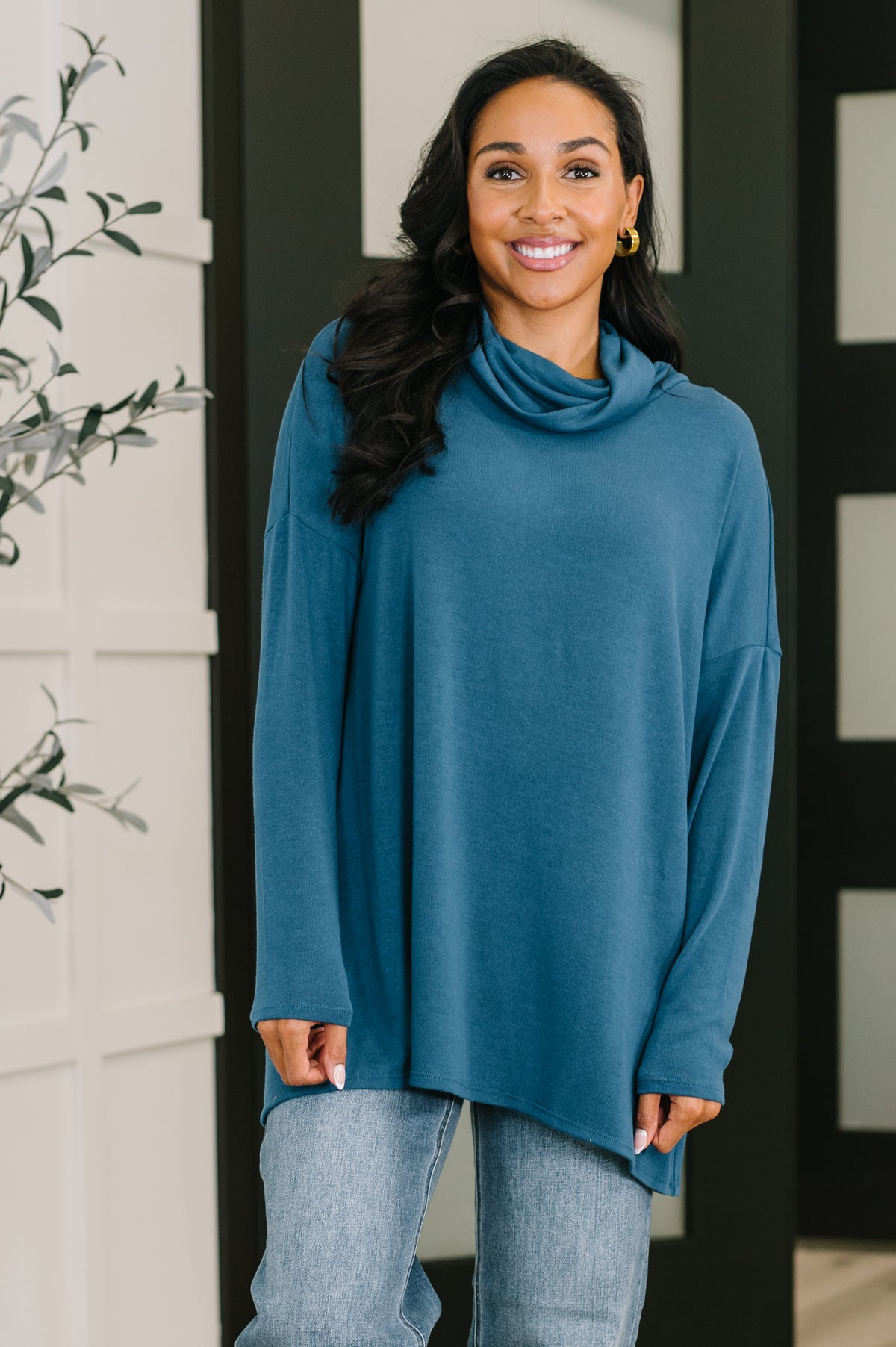 Travel Destination Cowl Neck Pullover in Dark Teal - 10/24/2025