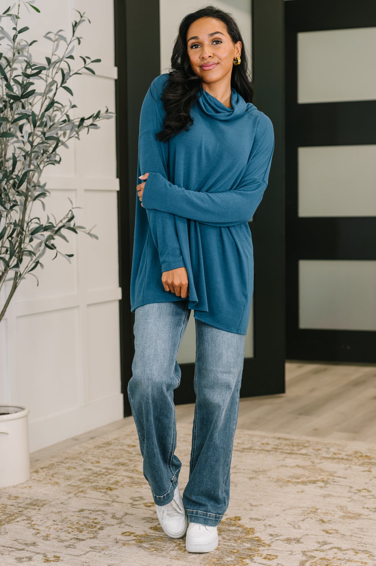 Travel Destination Cowl Neck Pullover in Dark Teal - 10/24/2025