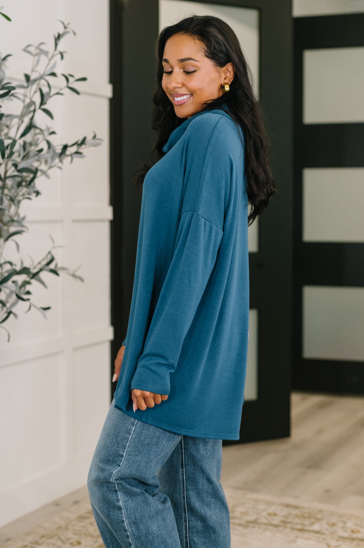 Travel Destination Cowl Neck Pullover in Dark Teal - 10/24/2025