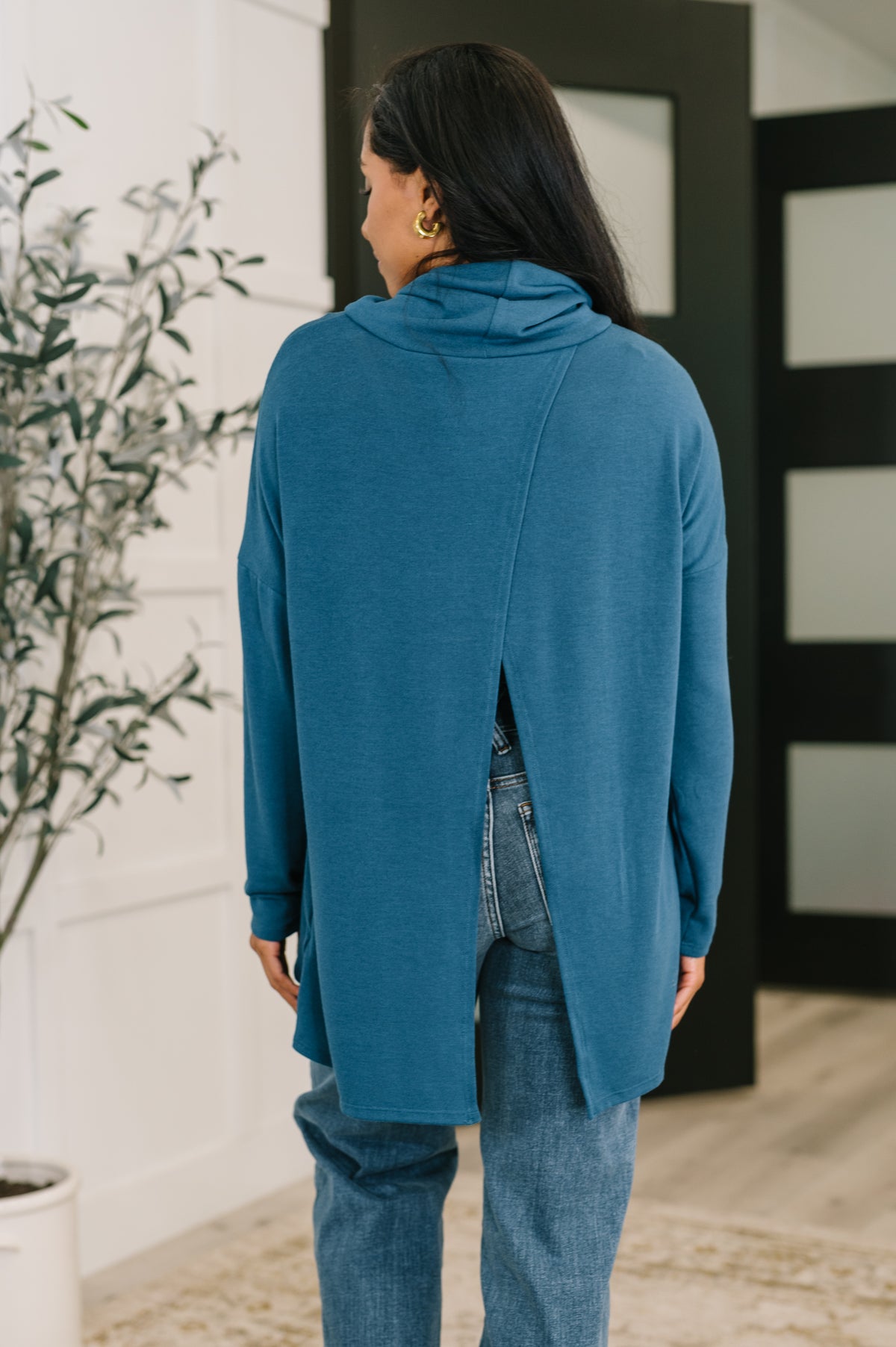 Travel Destination Cowl Neck Pullover in Dark Teal - 10/24/2025