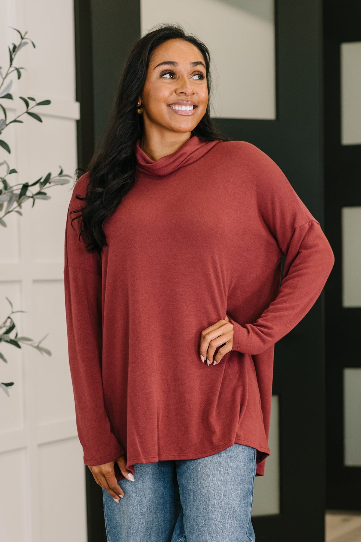 Travel Destination Cowl Neck Pullover in Wine - 10/24/2025