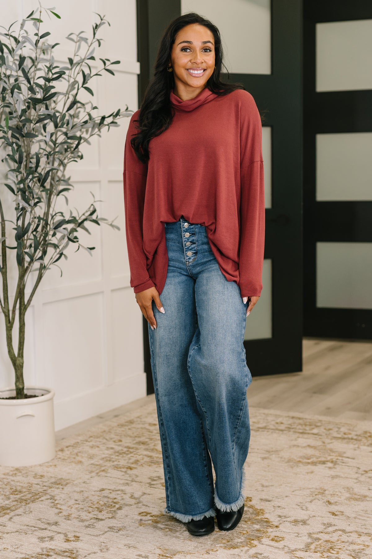 Travel Destination Cowl Neck Pullover in Wine - 10/24/2025