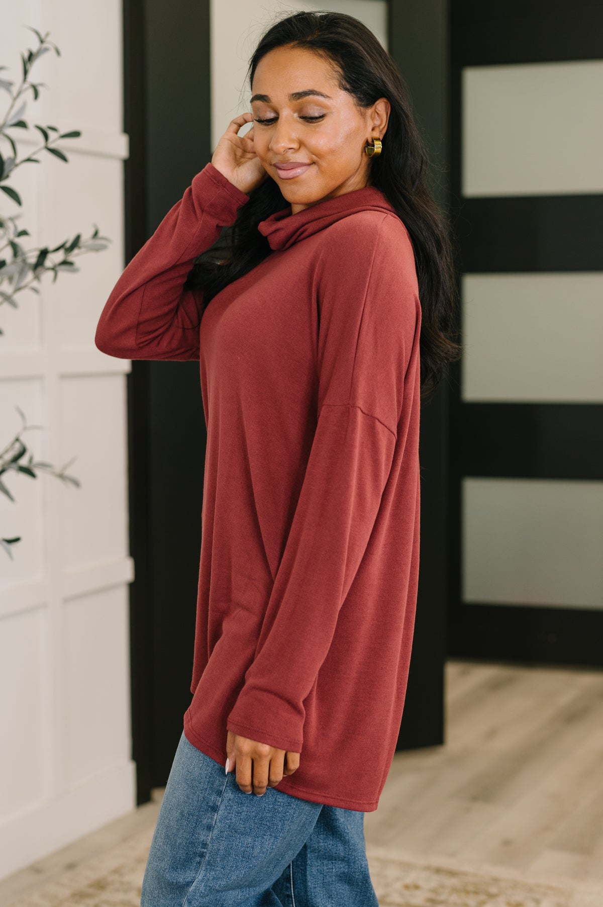 Travel Destination Cowl Neck Pullover in Wine - 10/24/2025