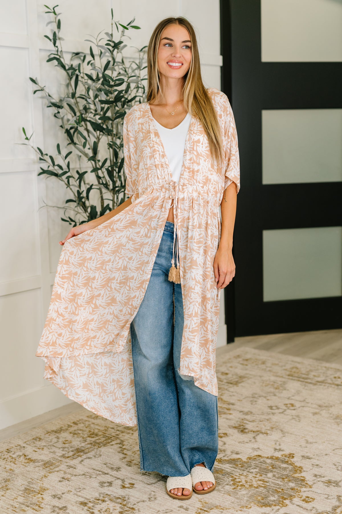 Tropical Print Gauze Kimono with Elastic Waist Tie in Milk Tea - 7/28/2025