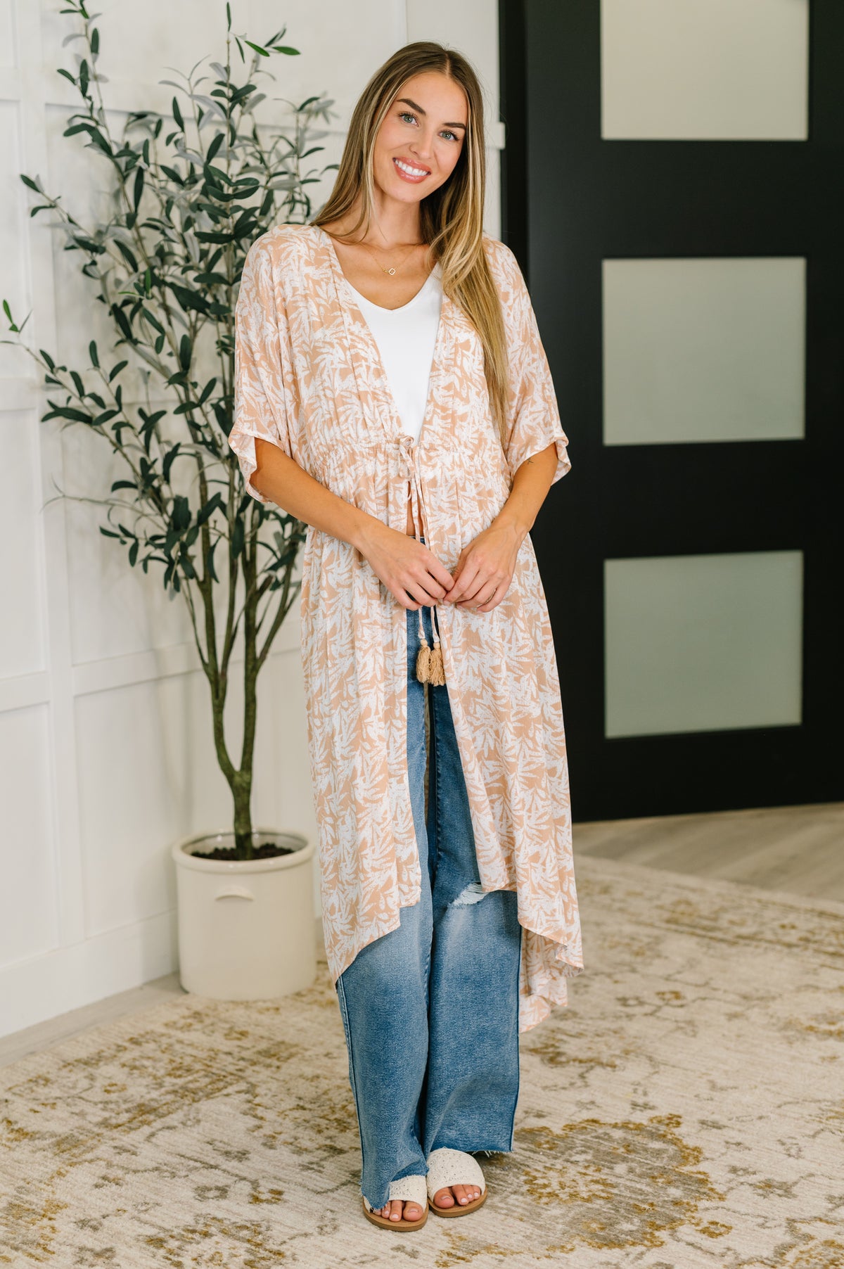Tropical Print Gauze Kimono with Elastic Waist Tie in Milk Tea - 7/28/2025