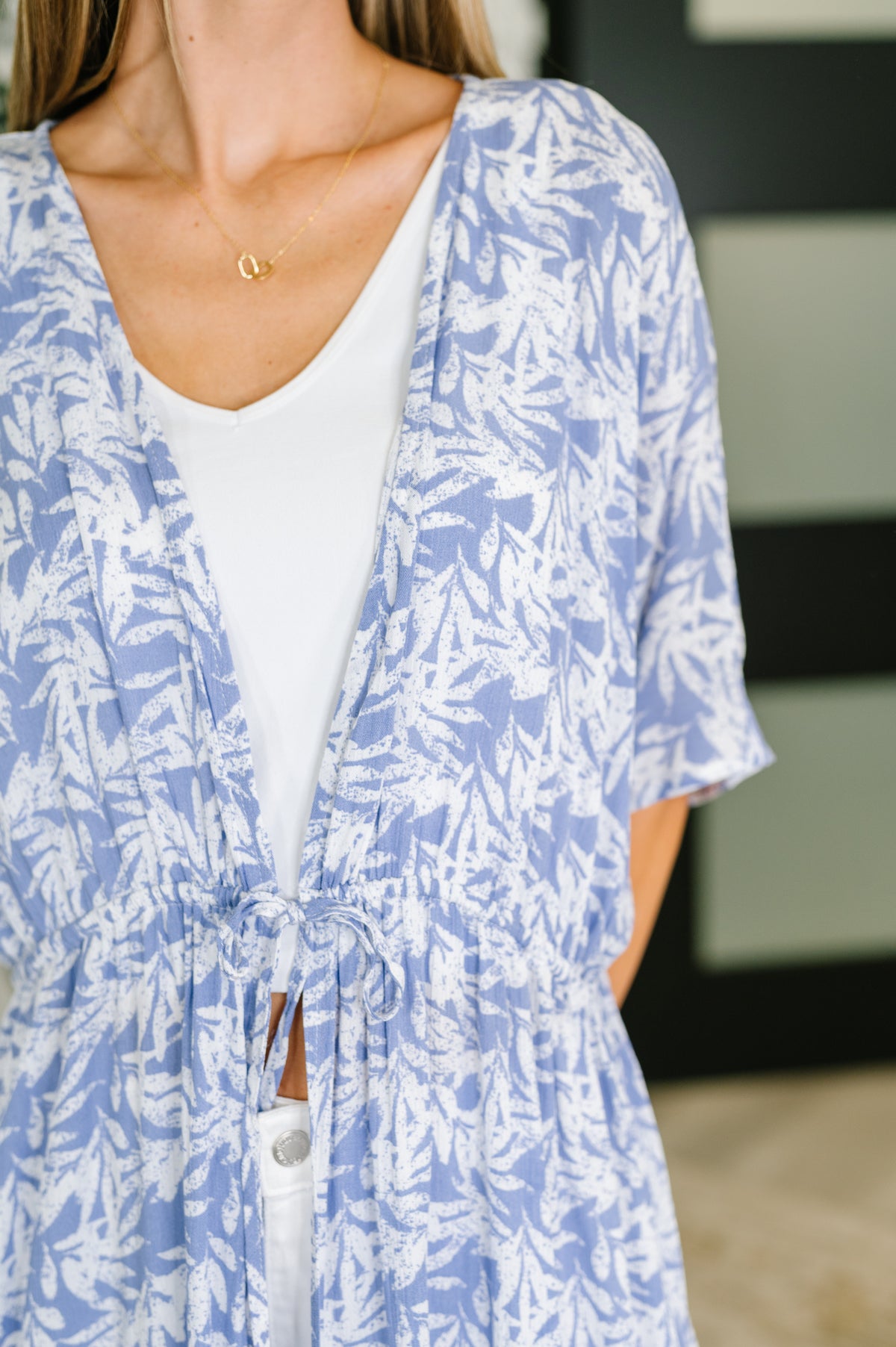 Tropical Print Gauze Kimono with Elastic Waist Tie in Periwinkle - 7/28/2025