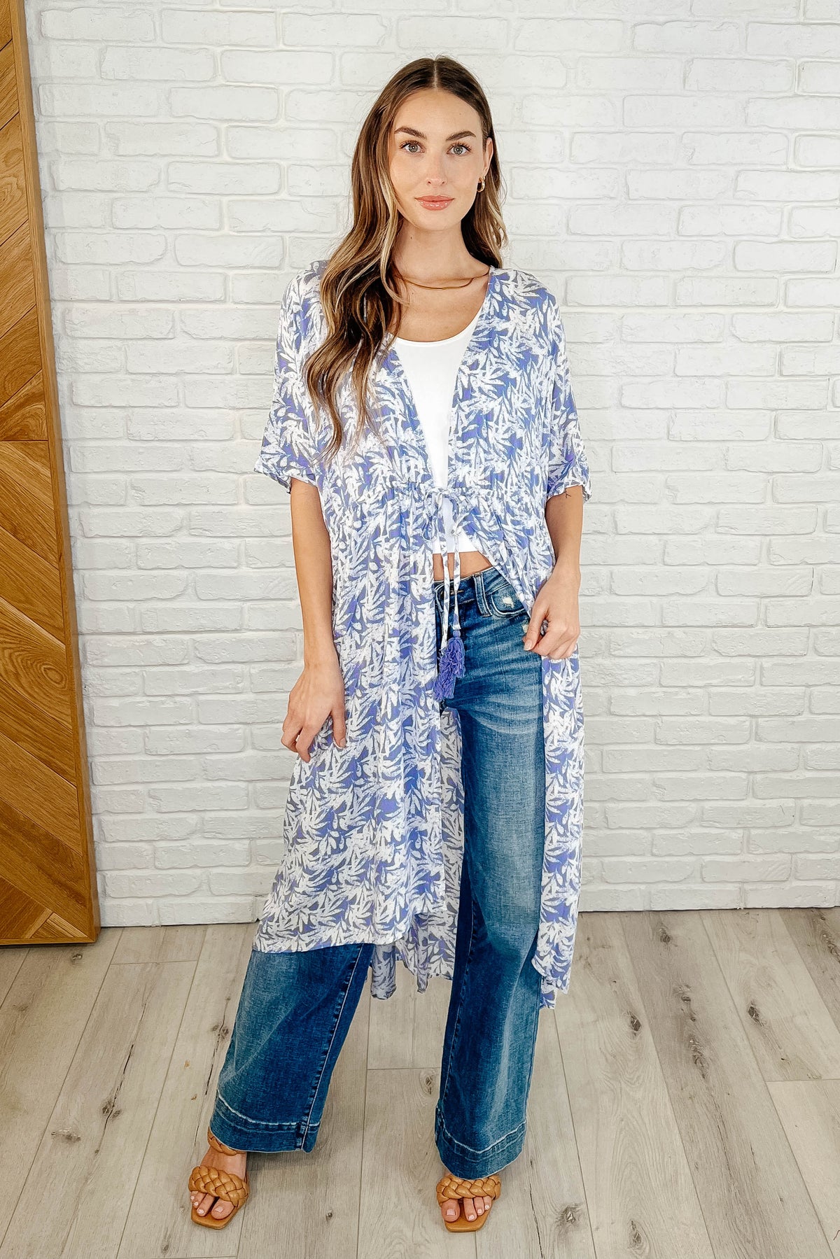 Tropical Print Gauze Kimono with Elastic Waist Tie in Periwinkle - 3/14/2025