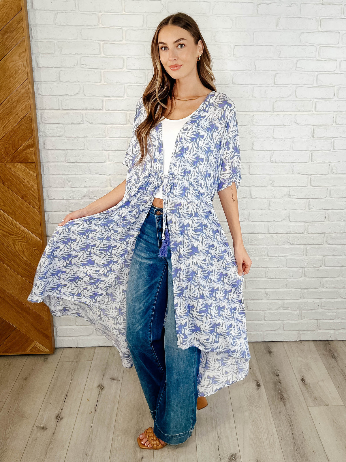 Tropical Print Gauze Kimono with Elastic Waist Tie in Periwinkle - 3/14/2025