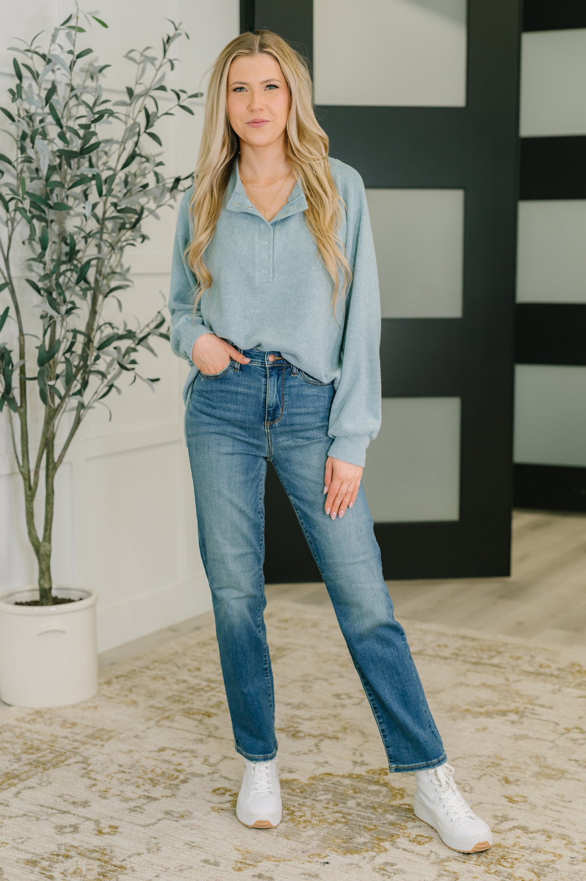 Urban Flux Scooped Hi-Low Long Pullover in Blue Grey - 9/24/2025