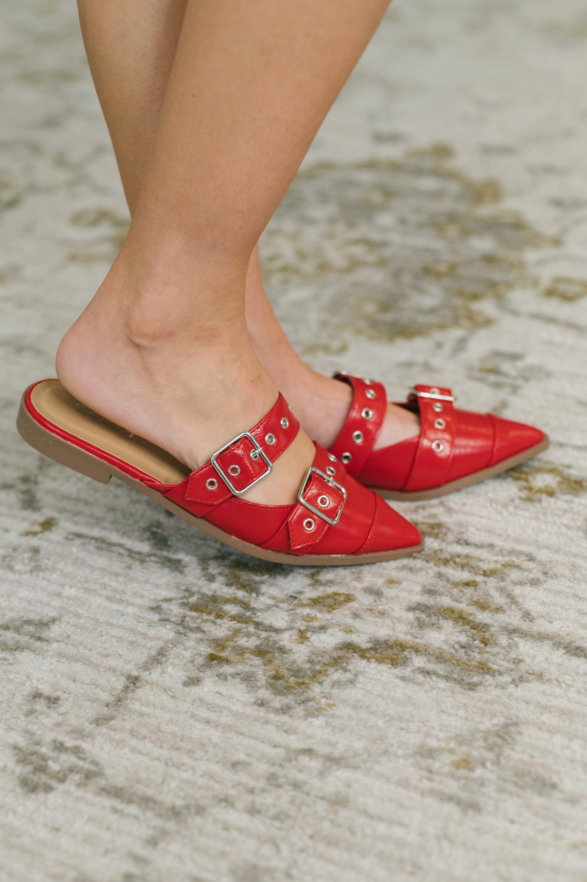 Usual Pointy Toe Double Buckle Flat in Red - 10/20/2026