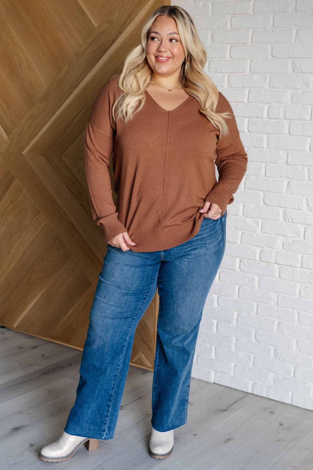 V-Neck Front Seam Sweater in Deep Camel - 9/25/2024