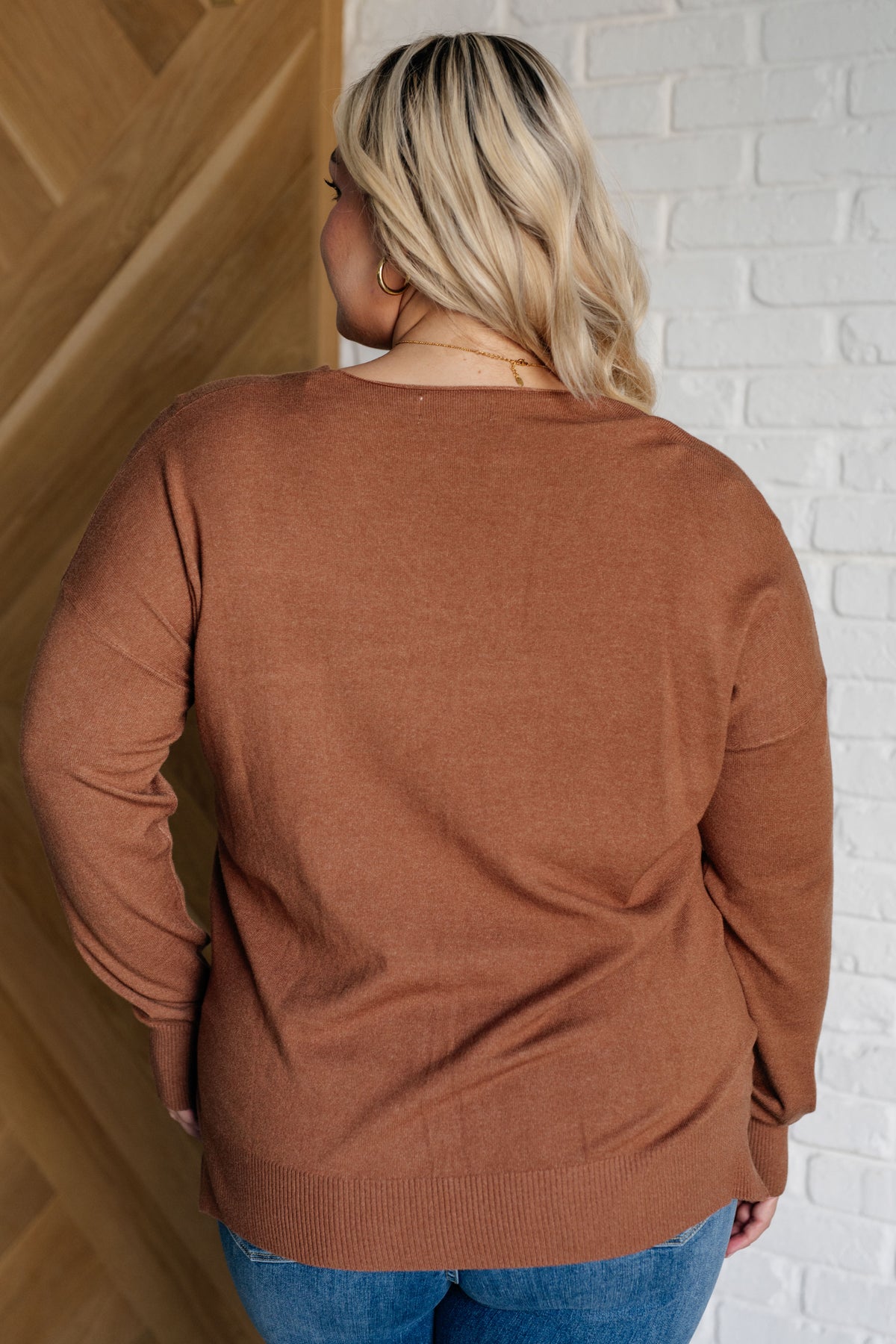 V-Neck Front Seam Sweater in Deep Camel - 9/25/2024