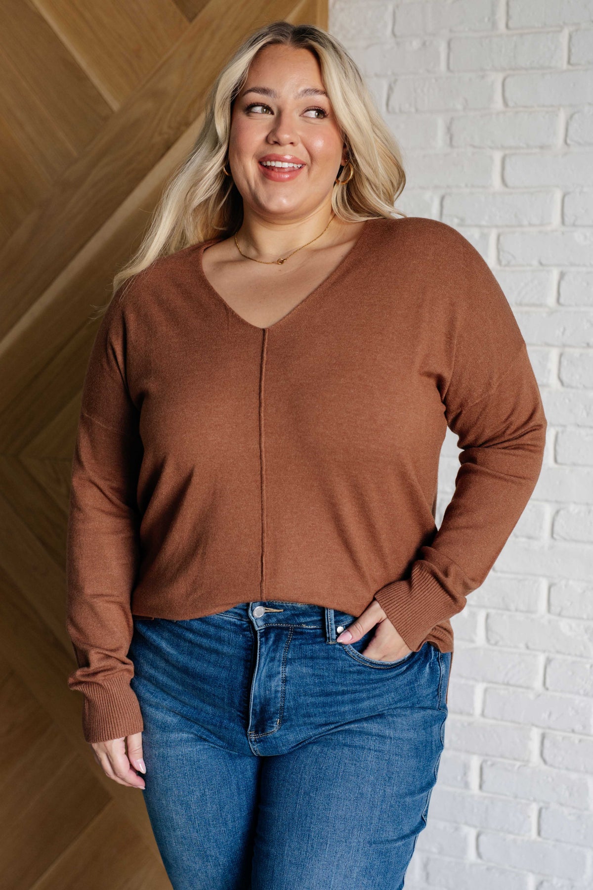 V-Neck Front Seam Sweater in Deep Camel - 9/25/2024