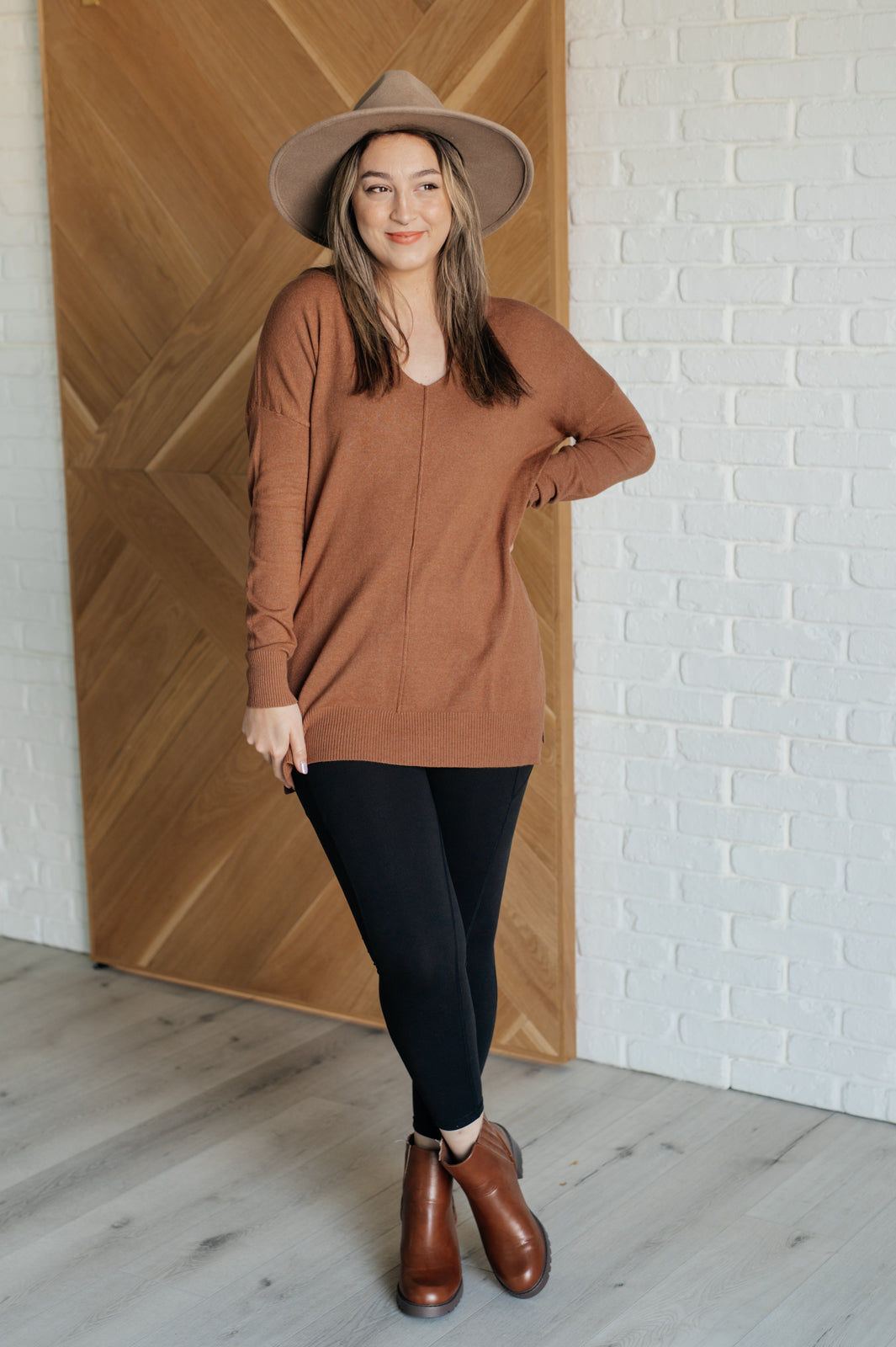 V-Neck Front Seam Sweater in Deep Camel - 9/25/2024