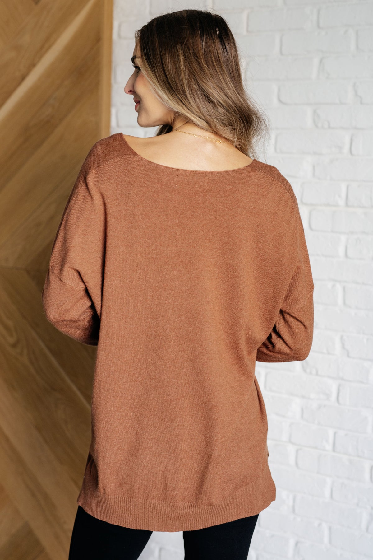 V-Neck Front Seam Sweater in Deep Camel - 9/25/2024