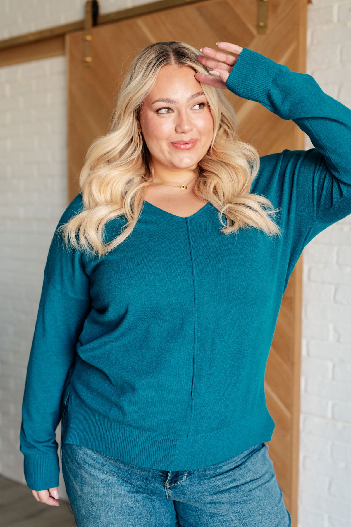 V-Neck Front Seam Sweater in Heather Ocean Teal - 9/25/2024