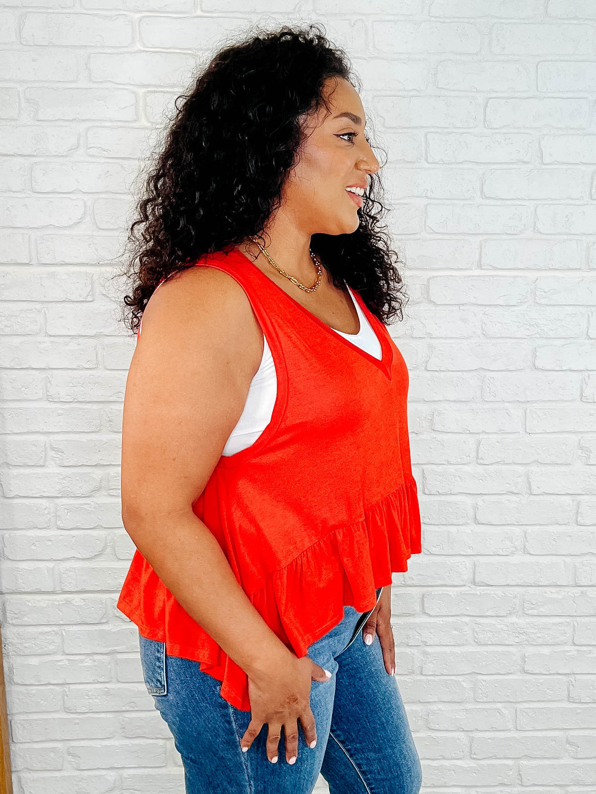 V-Neck Ruffled Peplum in Spicy Orange - 3/14/2025