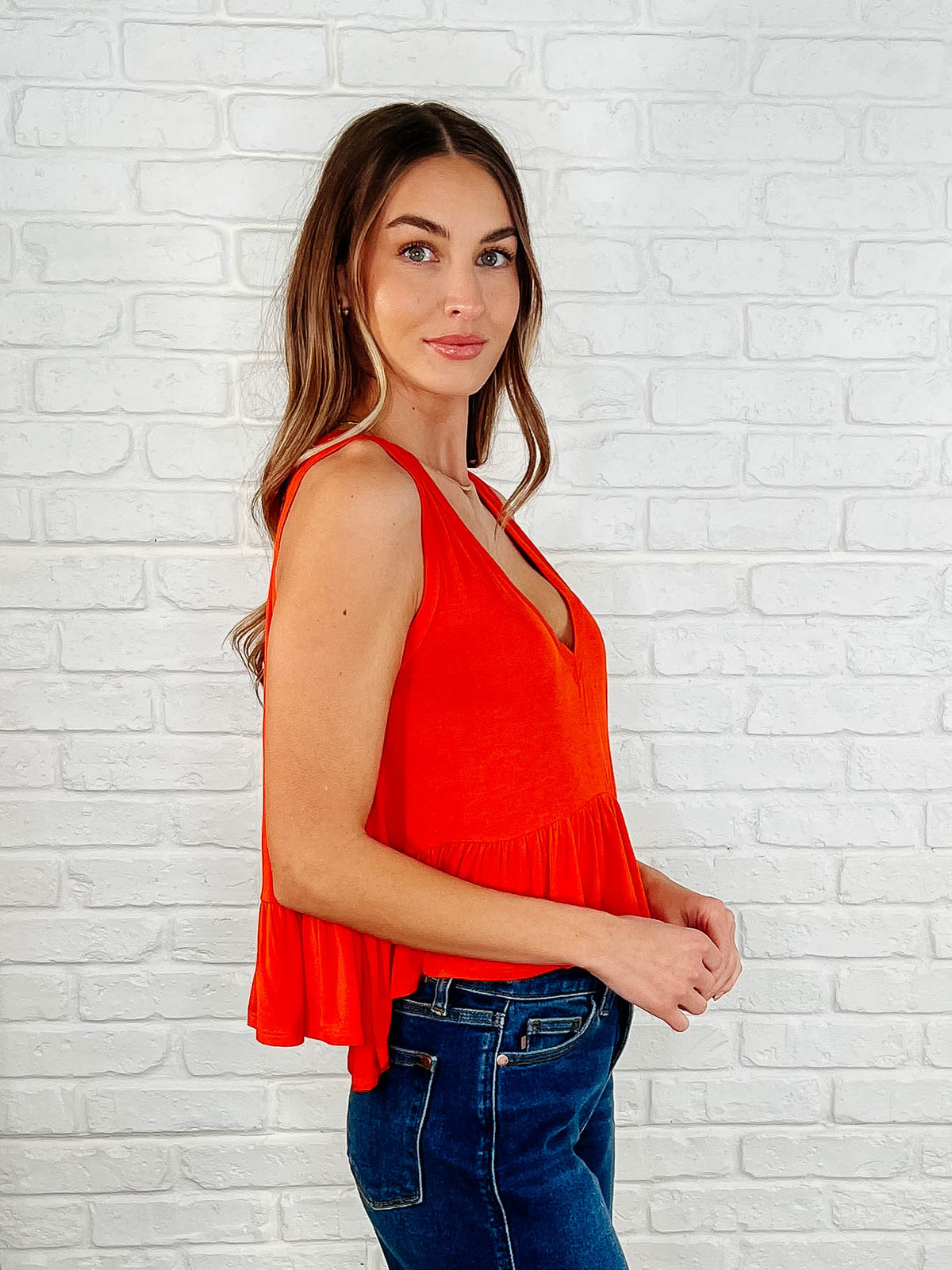 V-Neck Ruffled Peplum in Spicy Orange - 3/14/2025