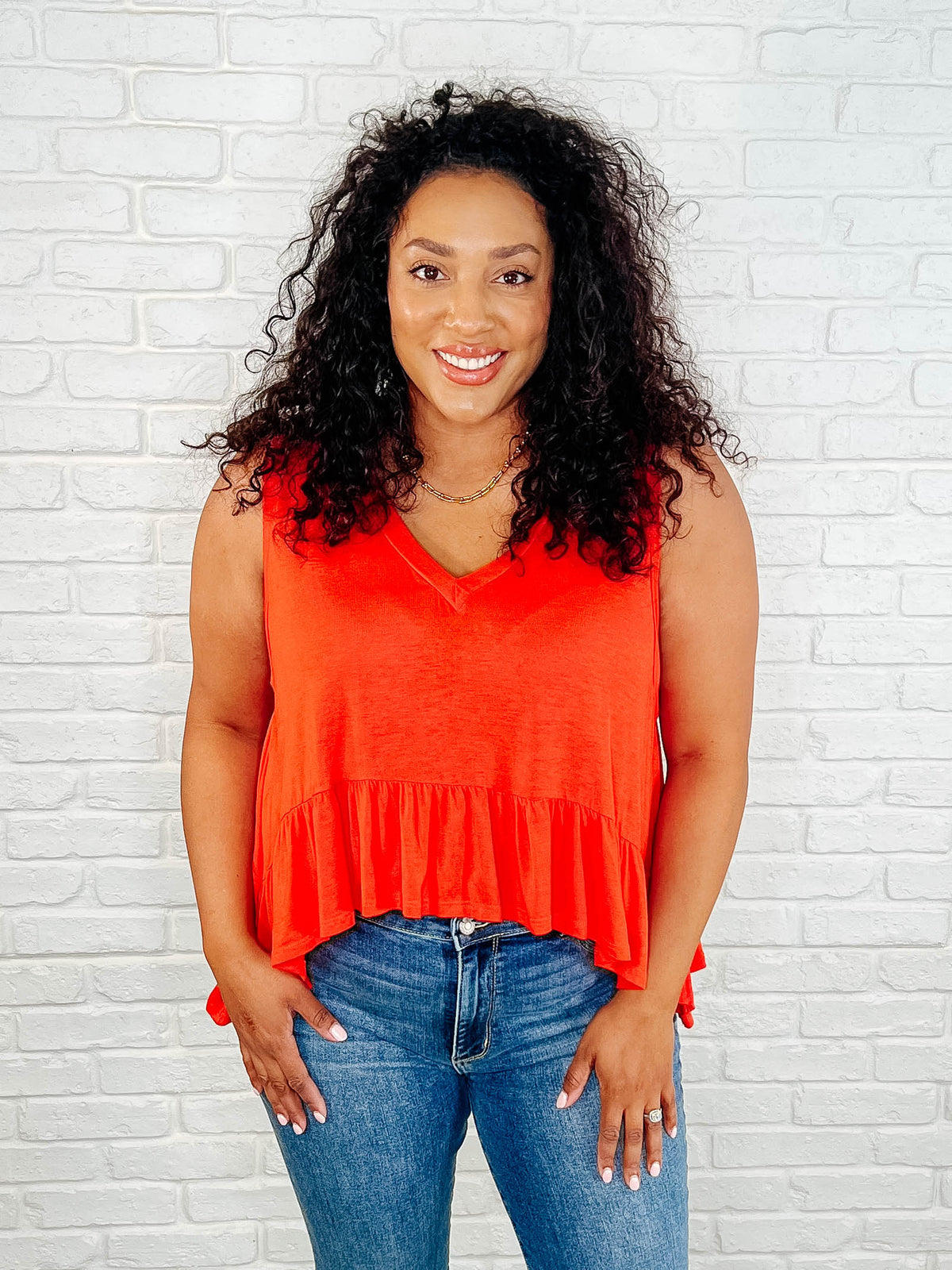 V-Neck Ruffled Peplum in Spicy Orange - 3/14/2025