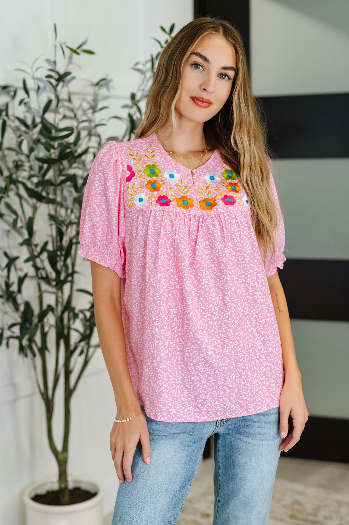 Wander Bloom Embroidered Puff Sleeve Blouse in Pink - 8/12/2025