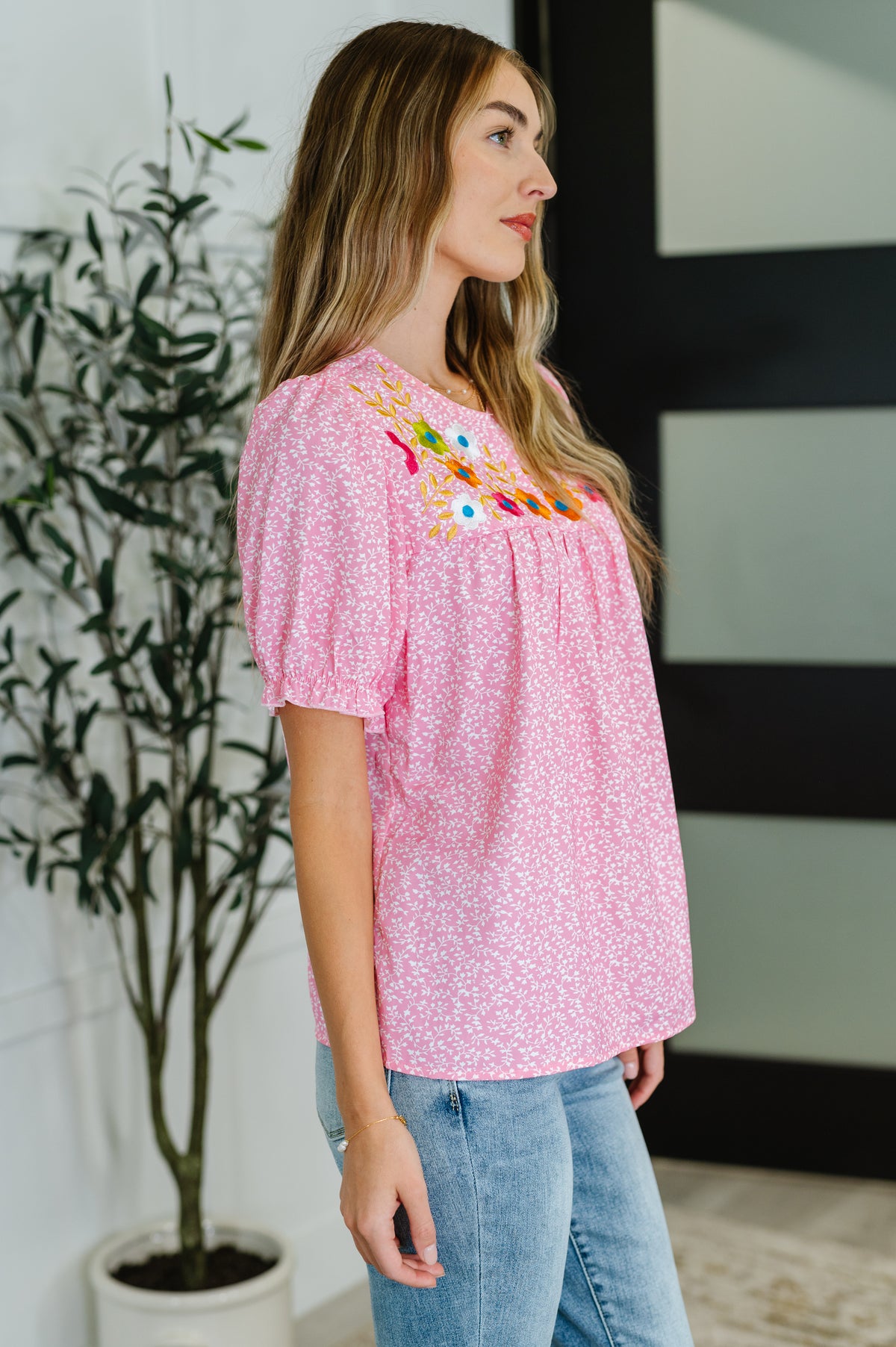 Wander Bloom Embroidered Puff Sleeve Blouse in Pink - 8/12/2025